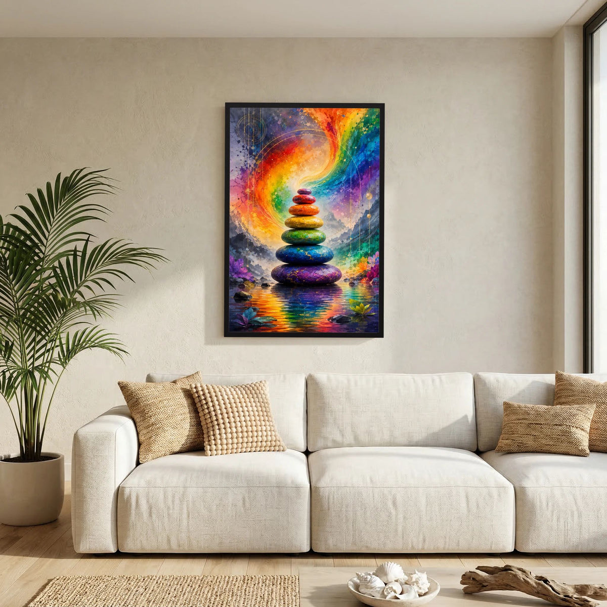 Hochformat-Poster im schwarzen Rahmen über Couch, Motiv: Stapel bunter Zen-Steine