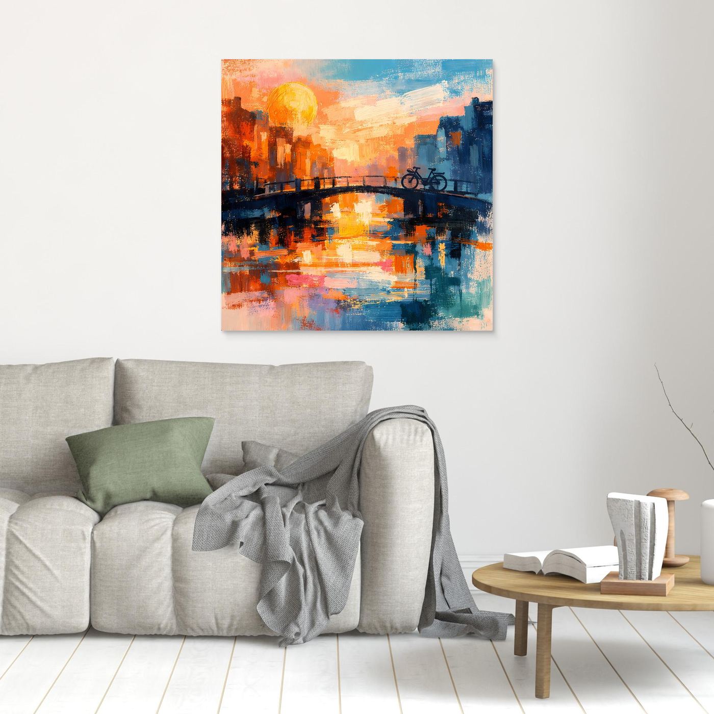 Leinwand Abstraktes Amsterdam Gemälde | Modernes Romantisches Grachten Wandbild mit Fahrrad