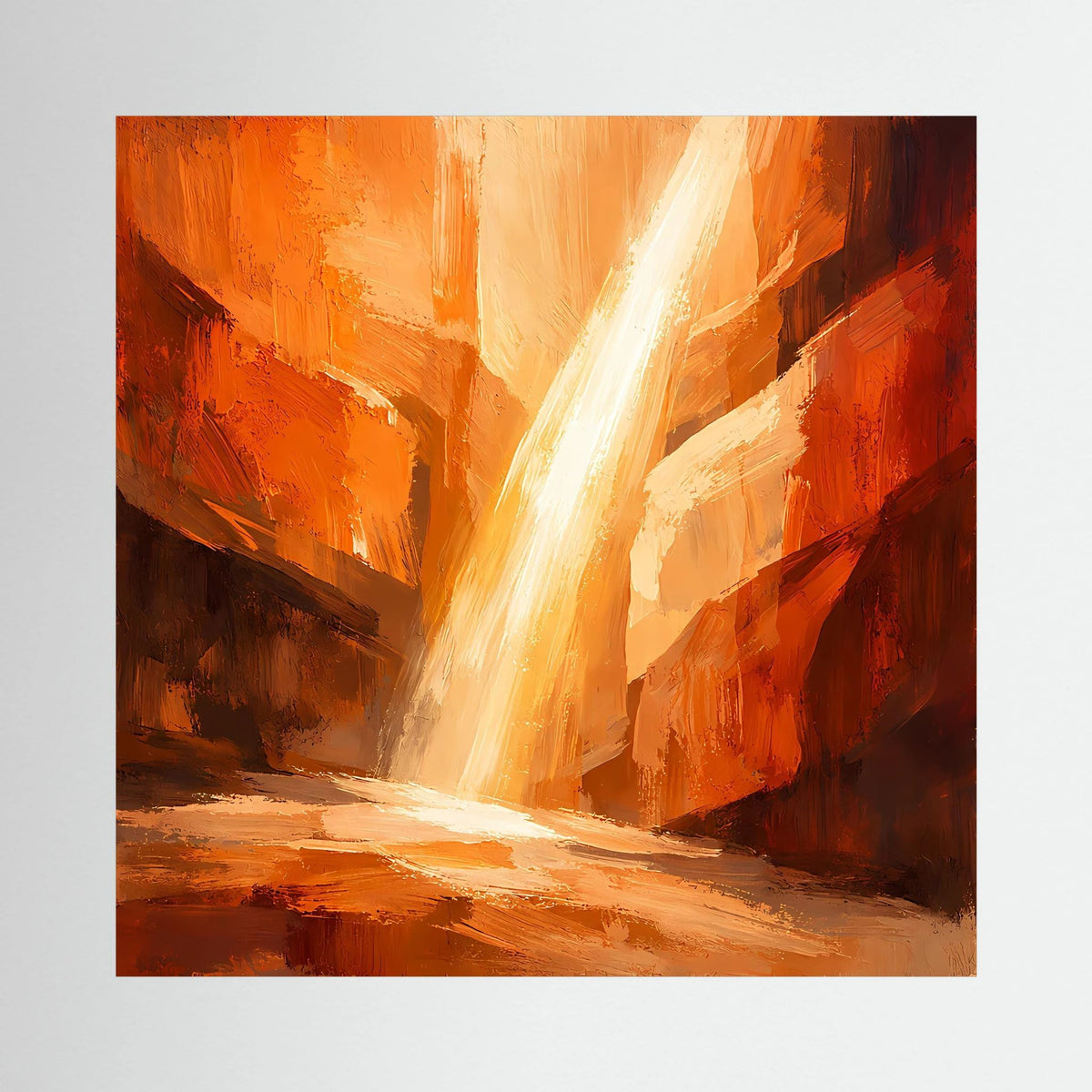 Gerahmtes Leinwandbild: abstrakter Canyon mit hellem Lichtstrahl, rot-orange Farbtönen