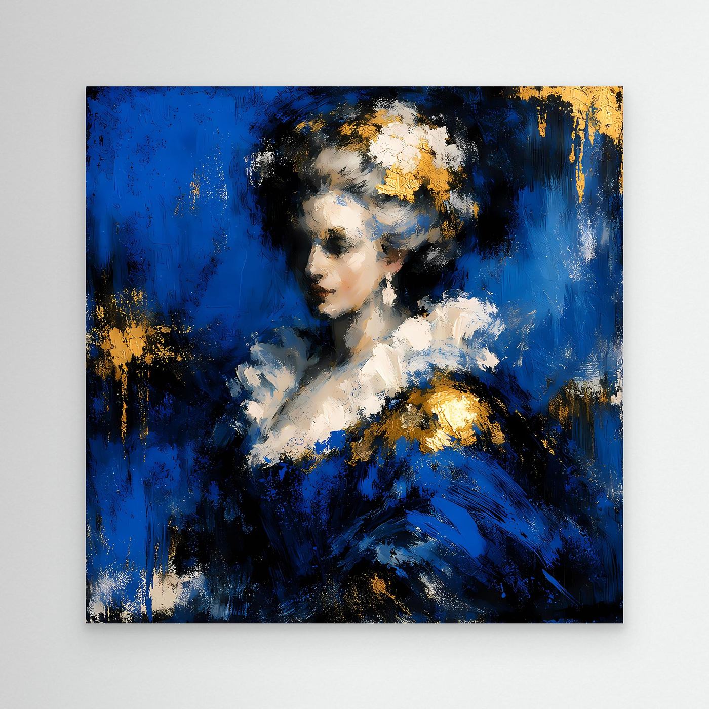 Leinwand Elegante Barock-Dame in Blau und Gold | Abstraktes Porträt Wandbild