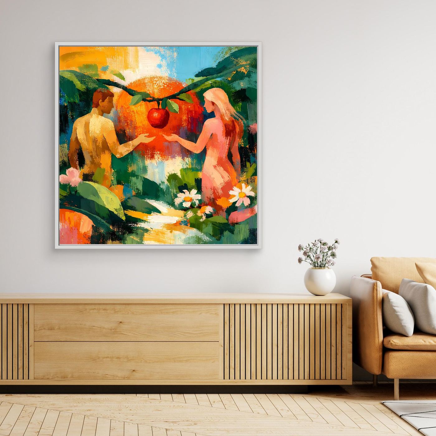 Framed canvas wall art of Adam and Eve in a green garden, exchanging an apple.