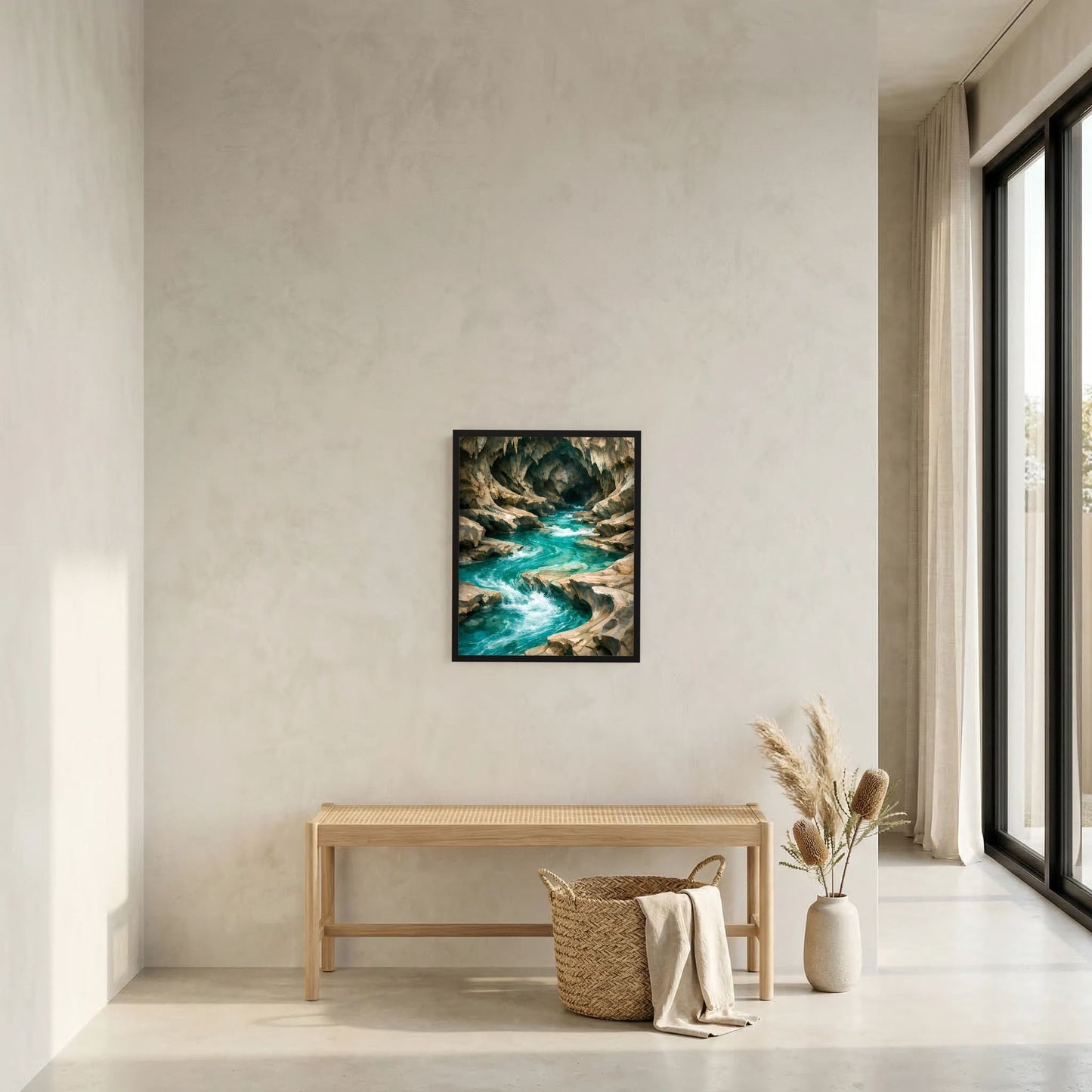 Kunstposter Hochformat mit schwarzem Rahmen: türkisfarbene Höhlenquelle, Felskanäle, Wasser.