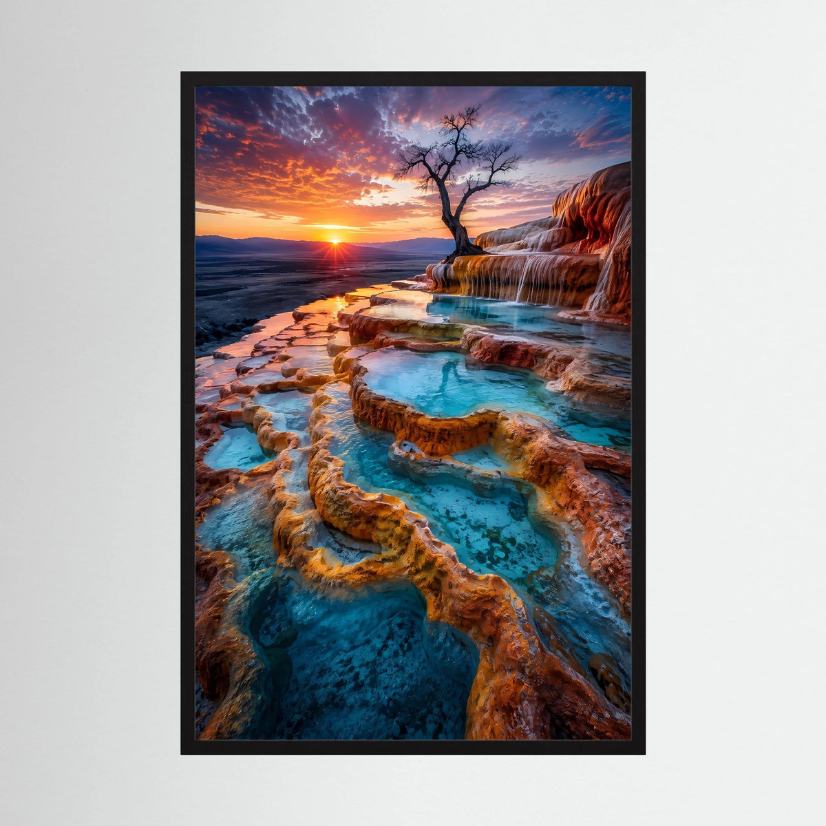 Poster mit türkisem Naturpool auf Felsenterrassen im Sonnenuntergang, mit schwarzem Rahmen