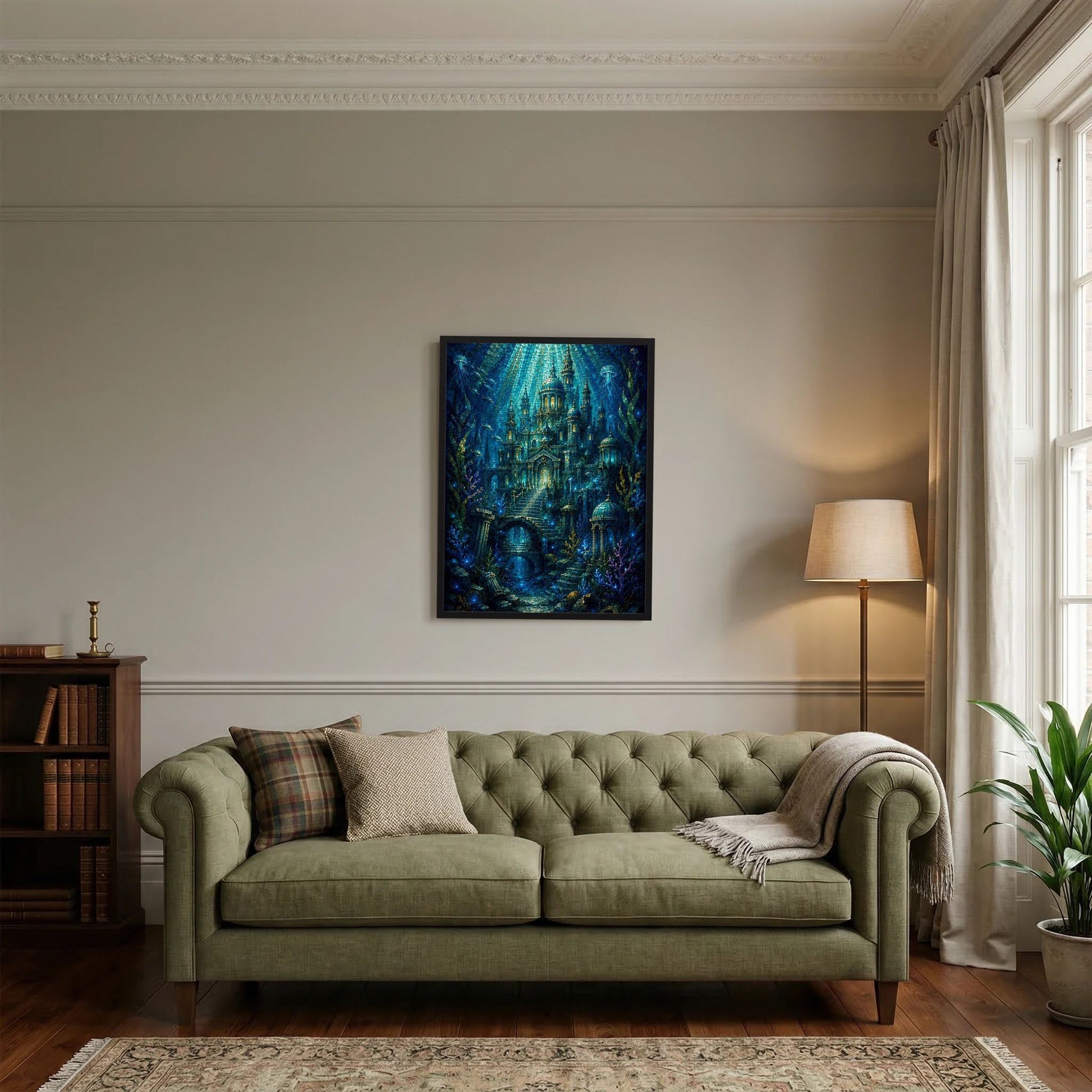Ge­rahmtes Hochformat-Poster mit Unterwasserstadt-Motiv in Blau und Gold an der Wand.
