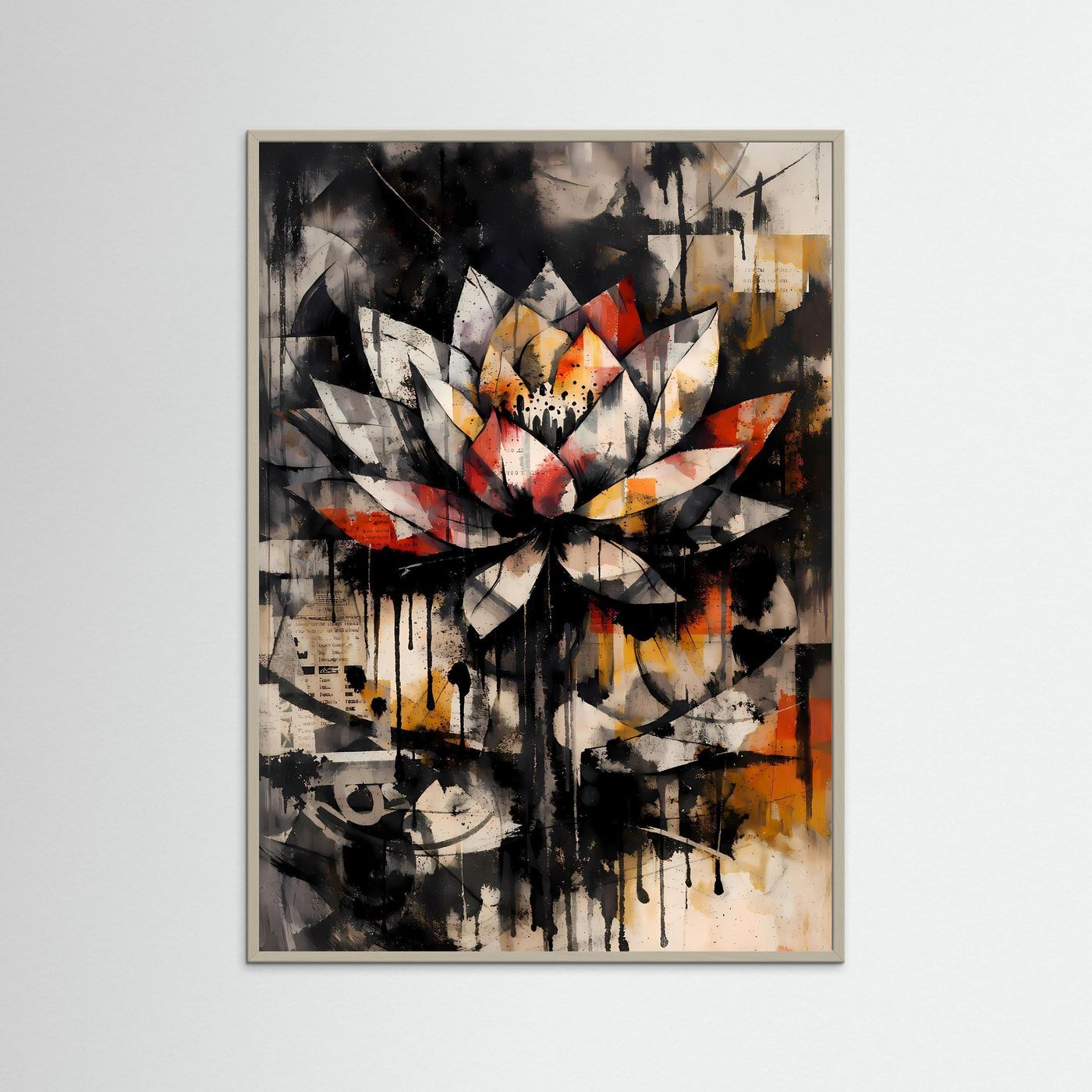 Die Kraft der Reinheit | Abstraktes Lotus Poster in Schwarz, Weiß & warmen Akzenten | Expressives Urban Art Kunstposter Hochformat