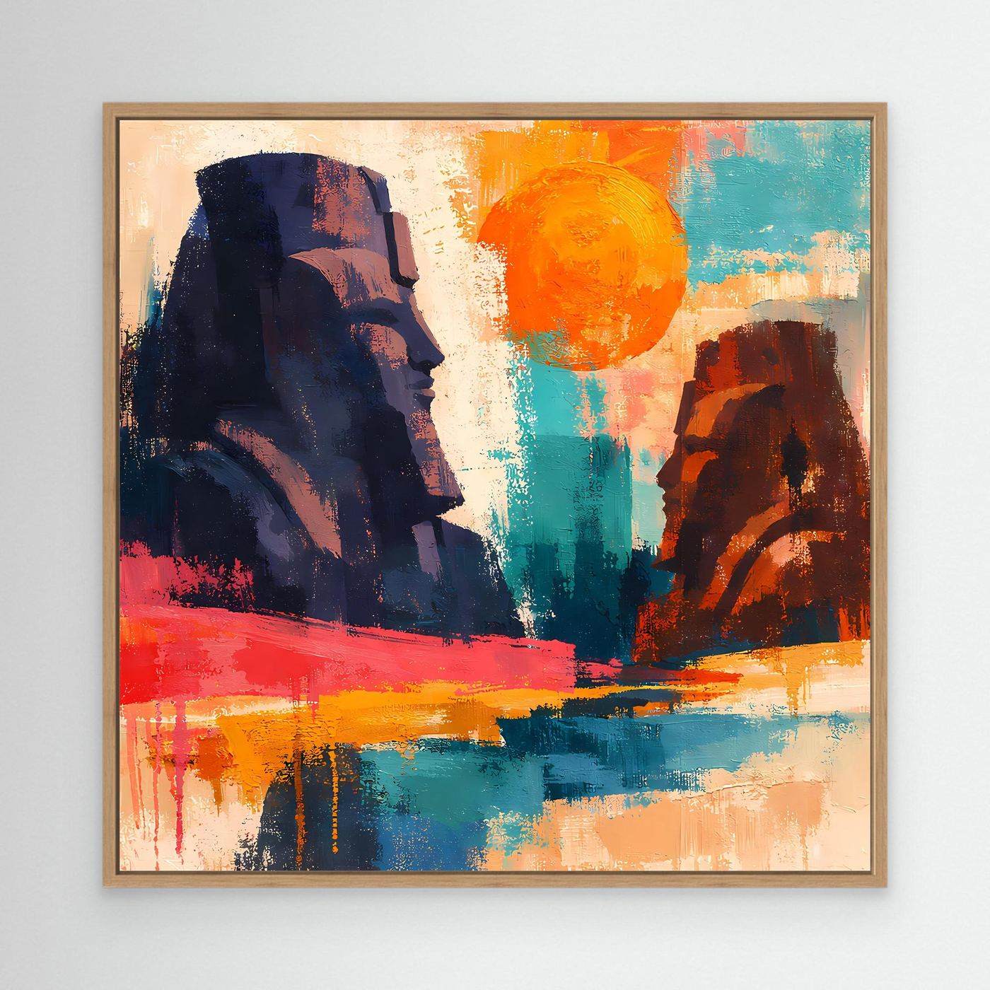 Leinwandbild mit braunem Holzrahmen: abstrakte Pharaonenstatuen in Blau, Orange, Rot.