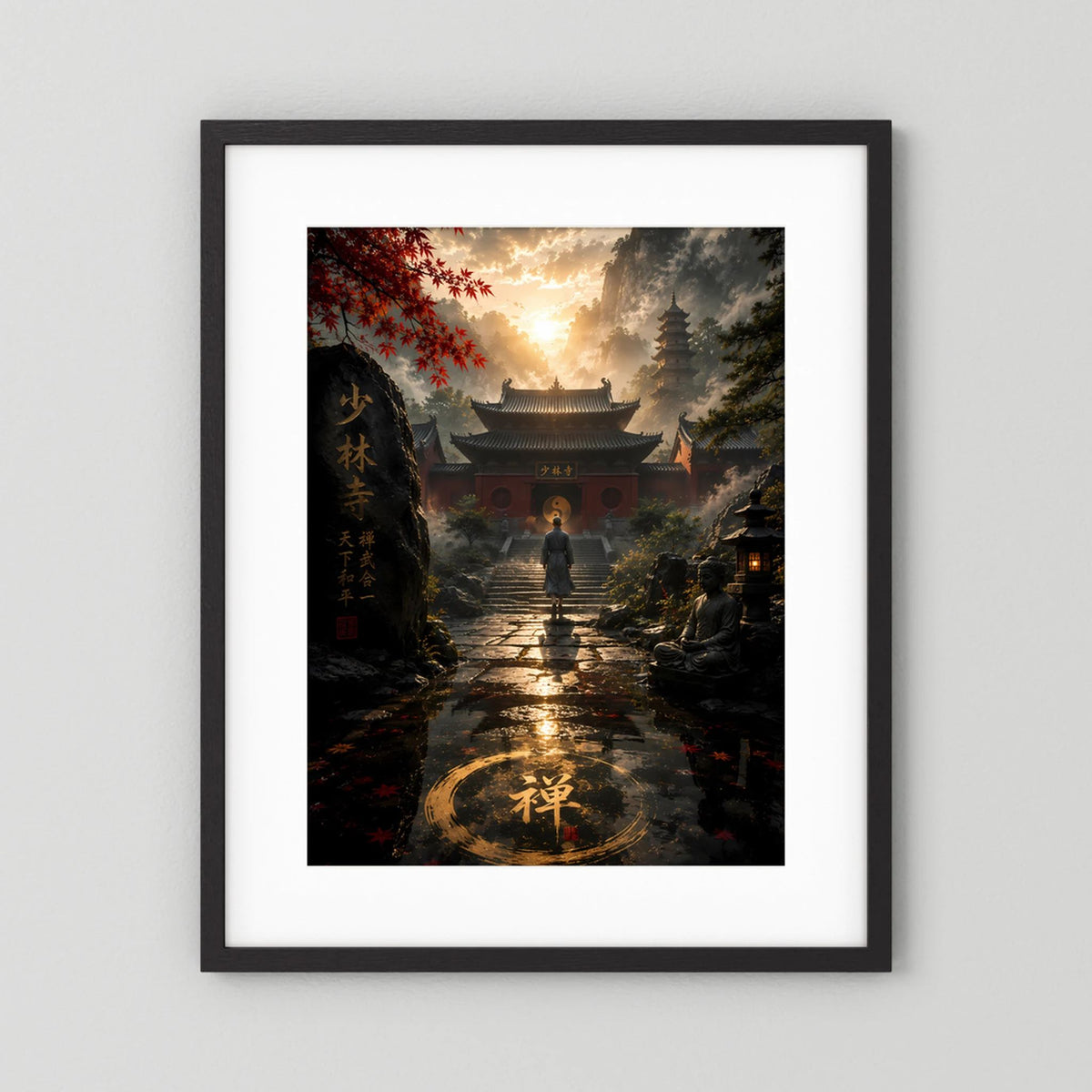 Vertikales Tempel-Poster mit schwarzem Rahmen und weißem Rand: Mönch vor Buddha