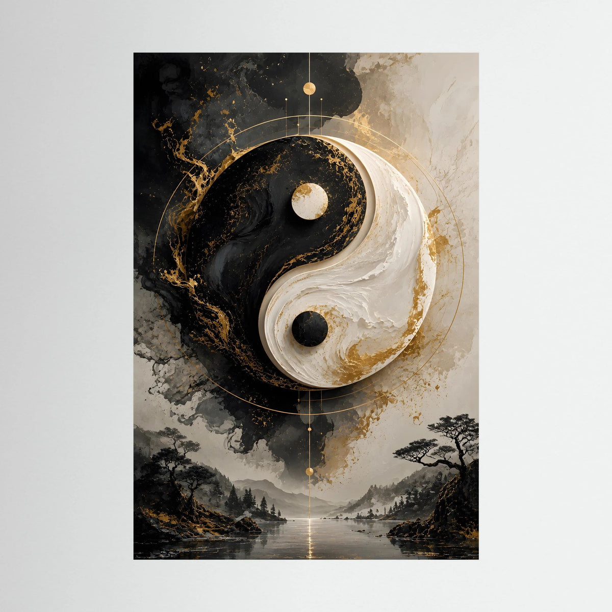 Hochformat-Poster: Yin-Yang in Schwarz und Gold mit goldenen Linien über Berglandschaft