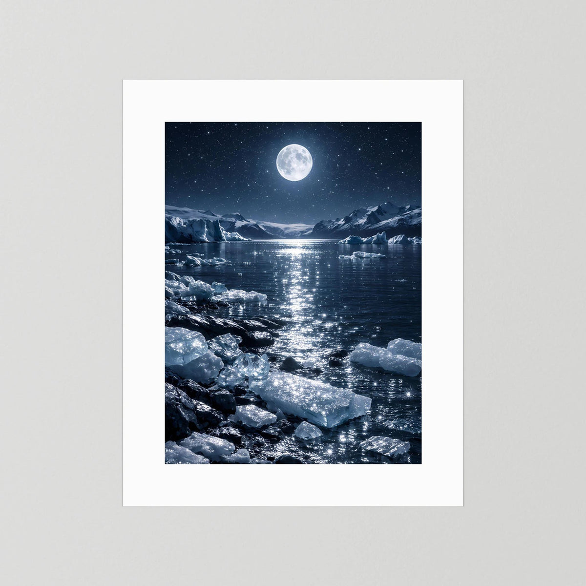 Poster im weißen Rahmen: Mond über eisigem Meer und Eisschollen