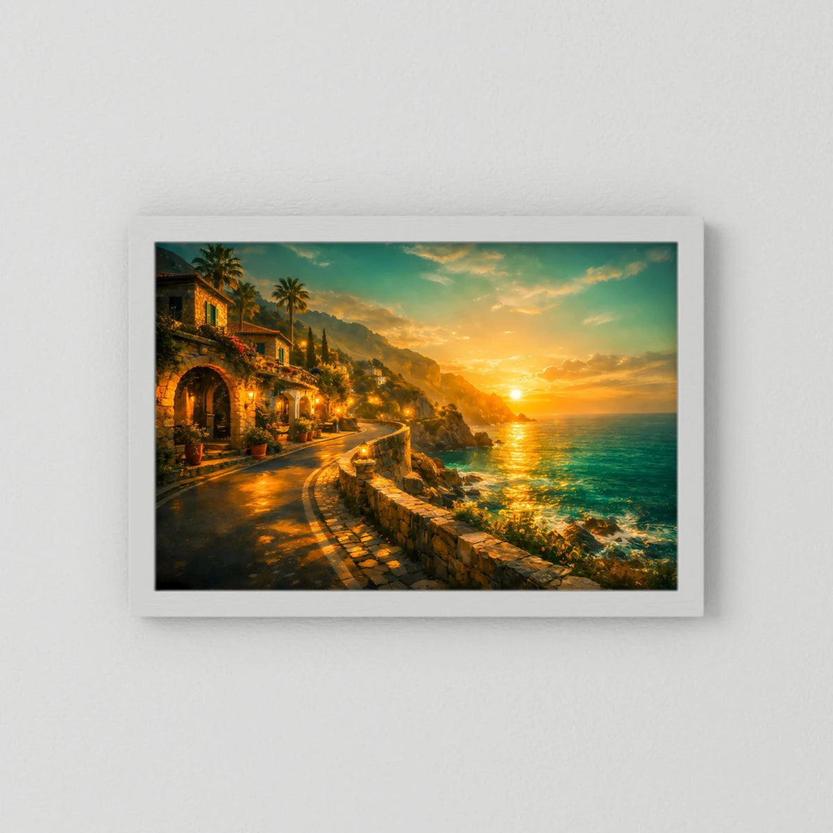 Wandbild mit weißem Rahmen und Küstenweg im Abendlicht
