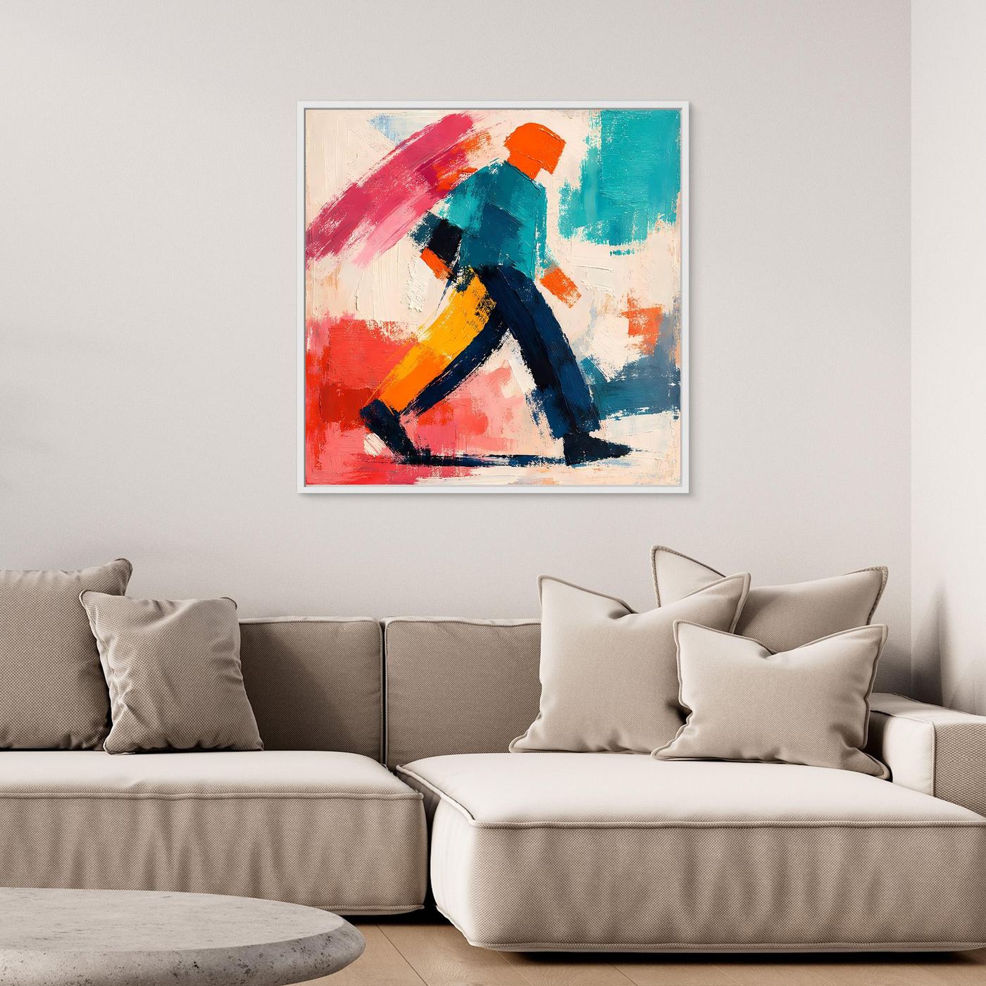 Framed abstract pop art canvas print featuring a walking figure with red, teal, orange strokes