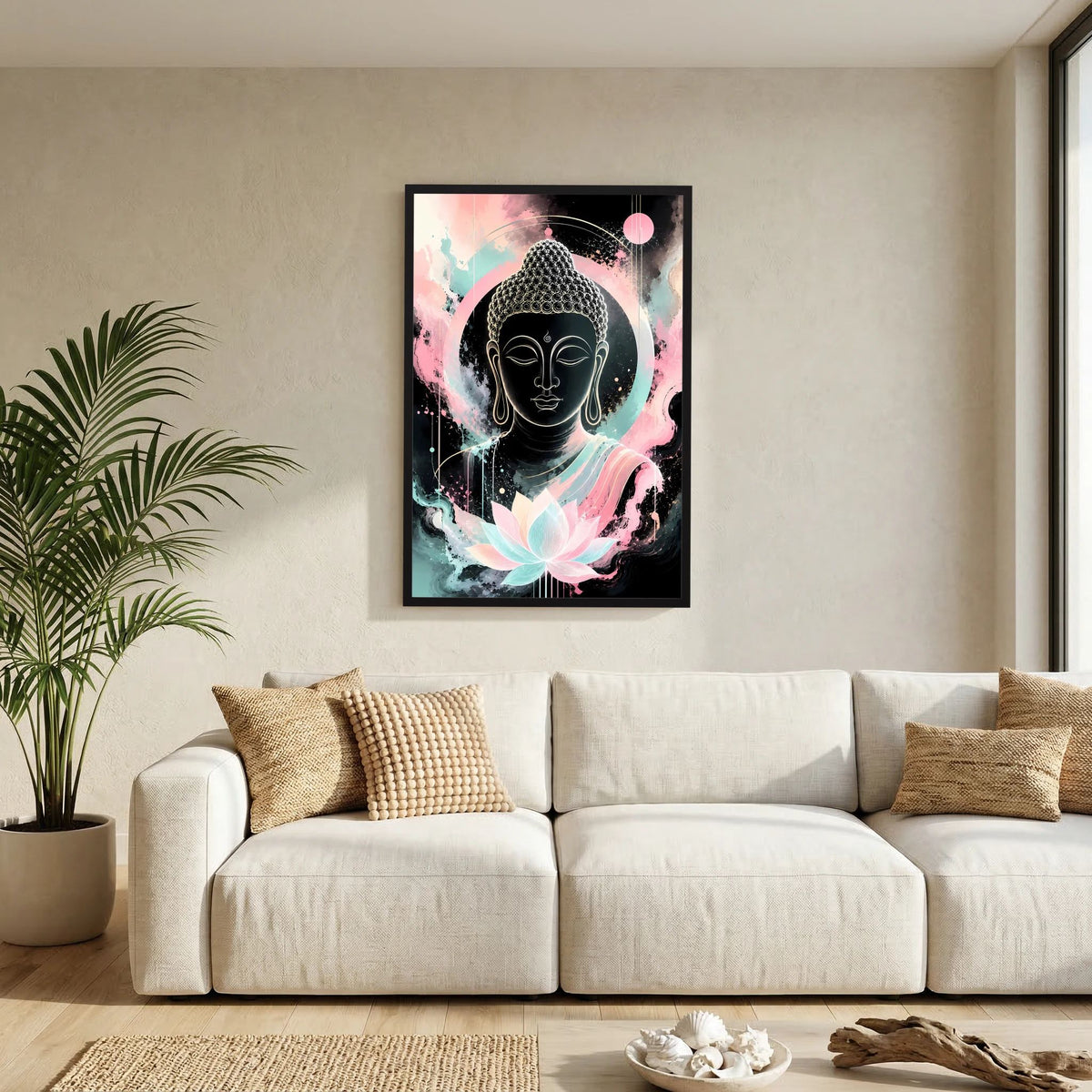 Buddha-Poster im Hochformat mit Lotusblüte und pastellfarbenem Hintergrund, schwarzer Rahmen