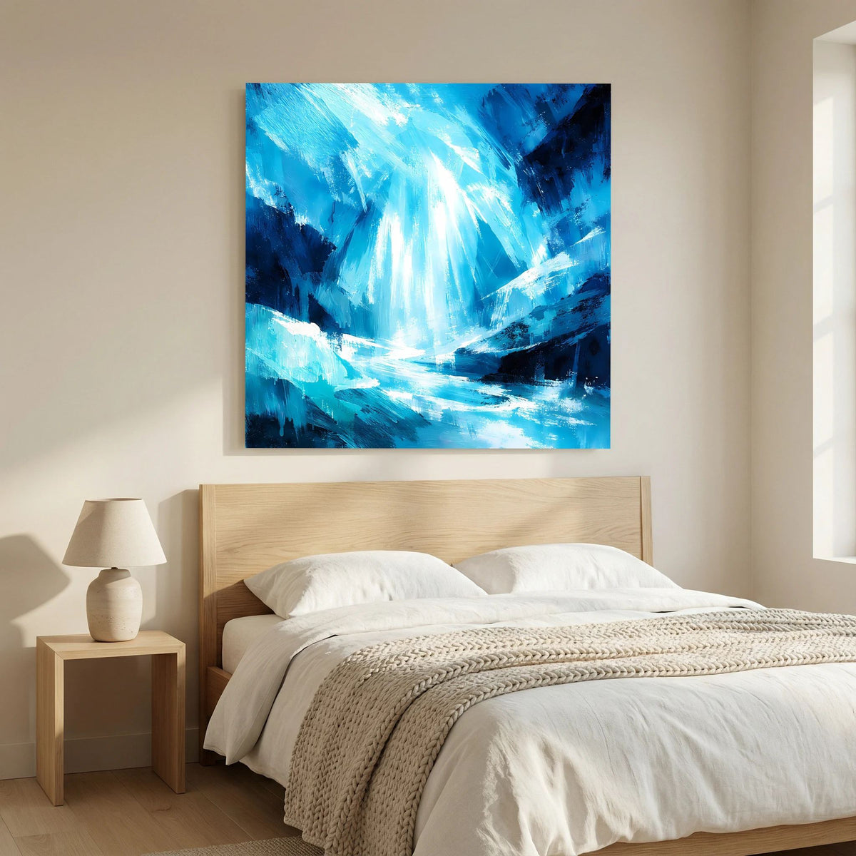 Leinwand-Wandbild mit blauem Eiswasserfall-Design, zentraler Lichtreflexion