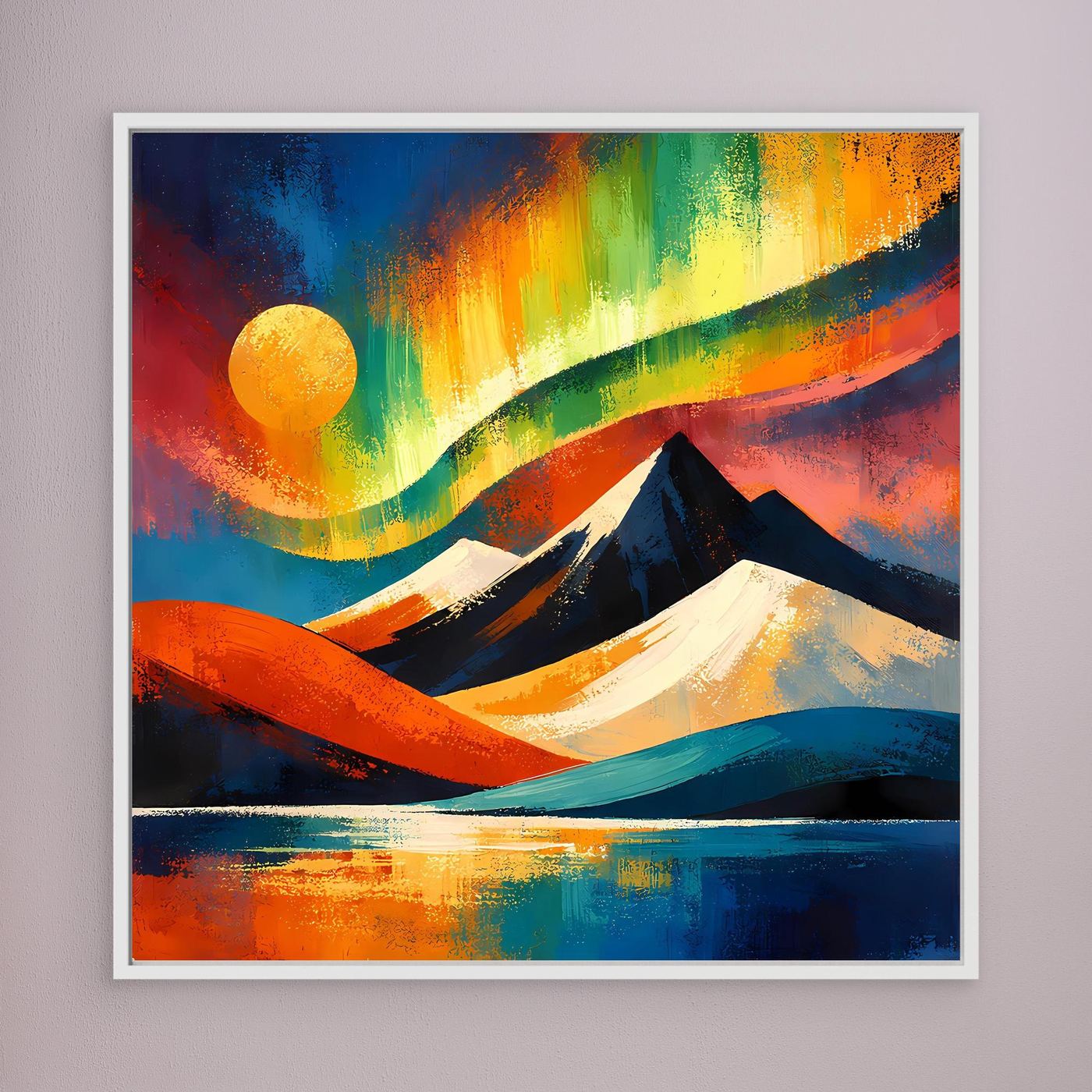 Quadratisches gerahmtes Leinwandbild mit abstrakter Berglandschaft, Blau-Orange-Grün