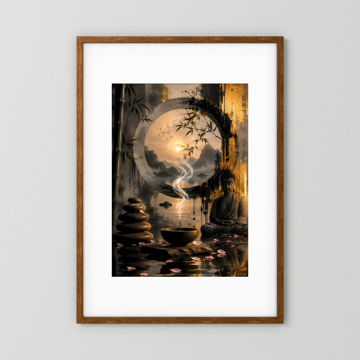 Poster im Hochformat mit Holzrahmen: Zen-Szene mit Buddha, Rauch und Teetasse