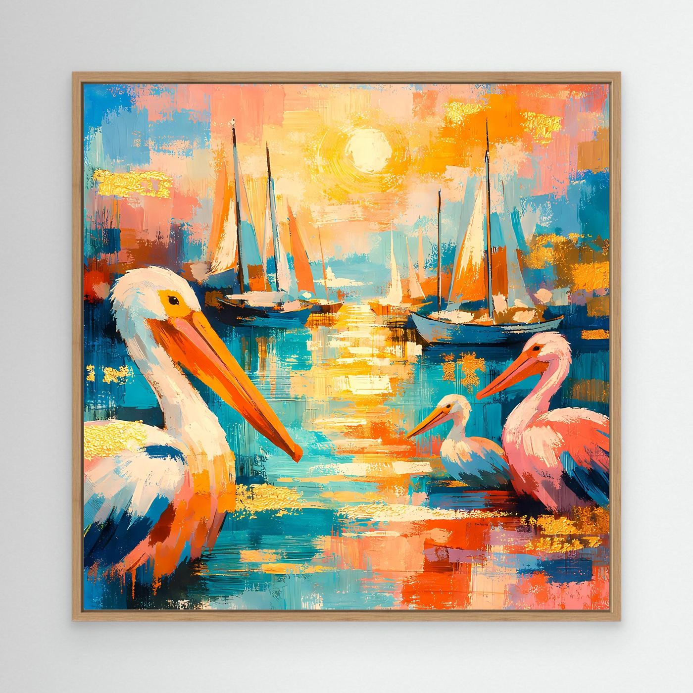 Leinwandbild mit bunten Pelikanen am Hafen und Segelbooten, im Eichenholzrahmen