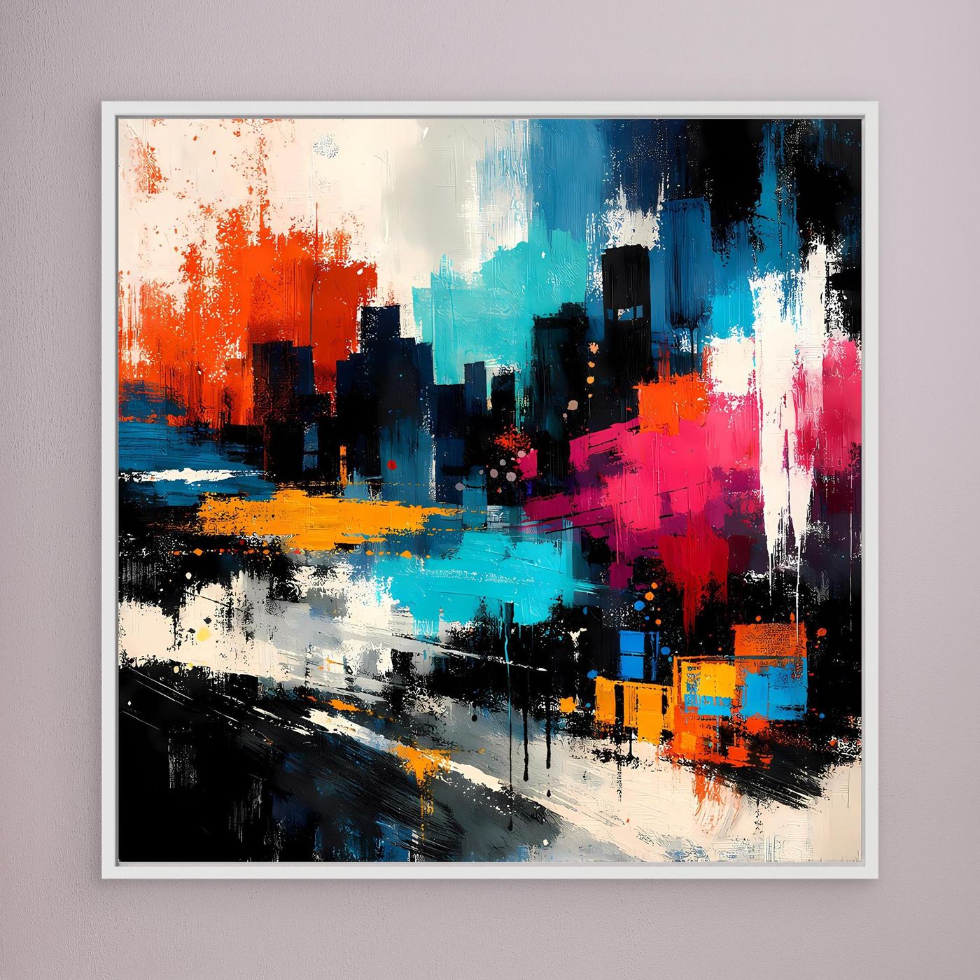 Abstract city skyline canvas wall art with orange, blue and pink city blocks, white frame