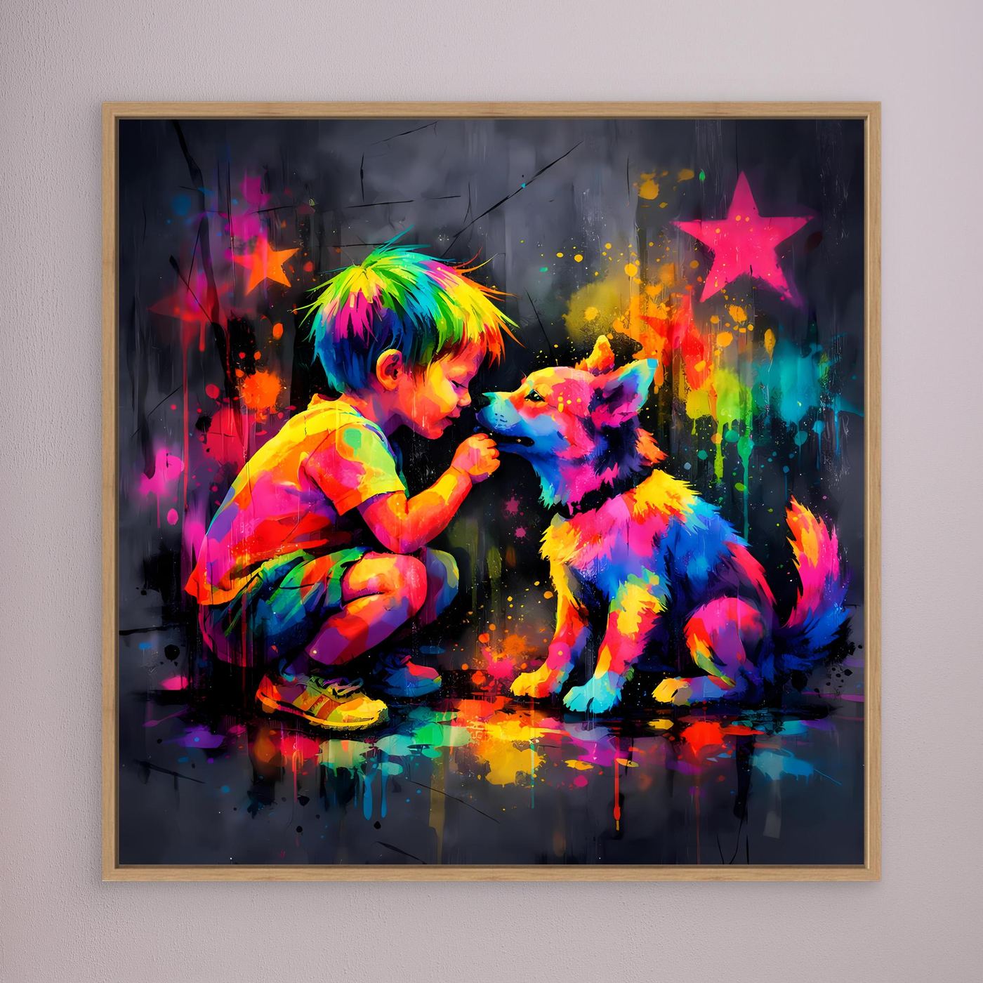 Gerahmtes Leinwandbild in Holzoptik: Kind und Hund als buntes Graffiti mit Sternen