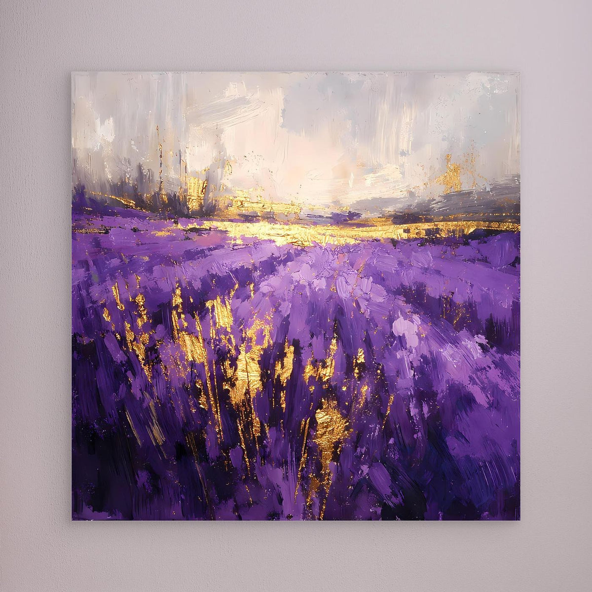 Leinwandbild Lavendelfeld abstrakt in Violett mit goldenen Akzenten, ohne Rahmen, quer
