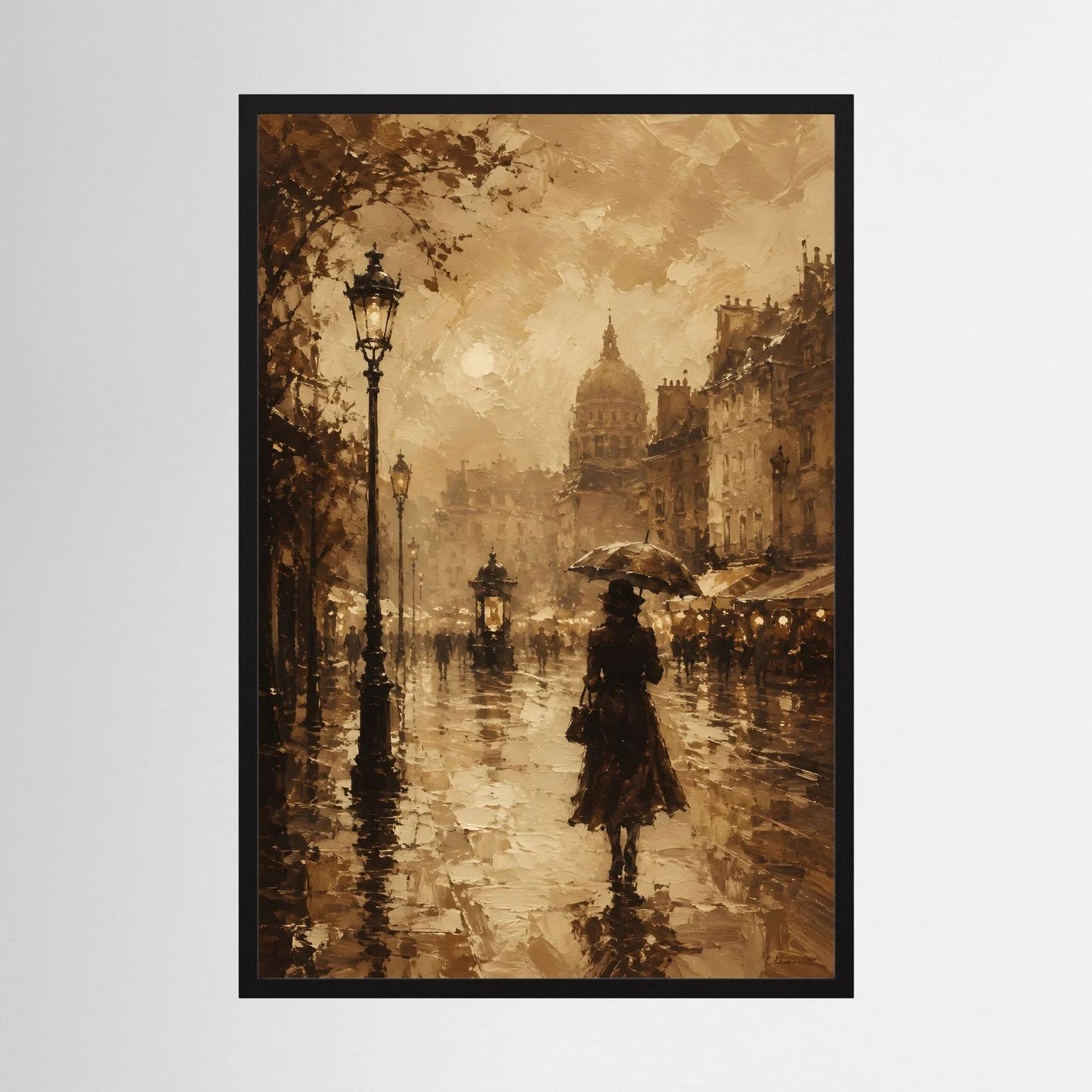 Hochformatiges Sepia-Stadtposter mit Laternen und Frau mit Regenschirm, im schwarzen Rahmen