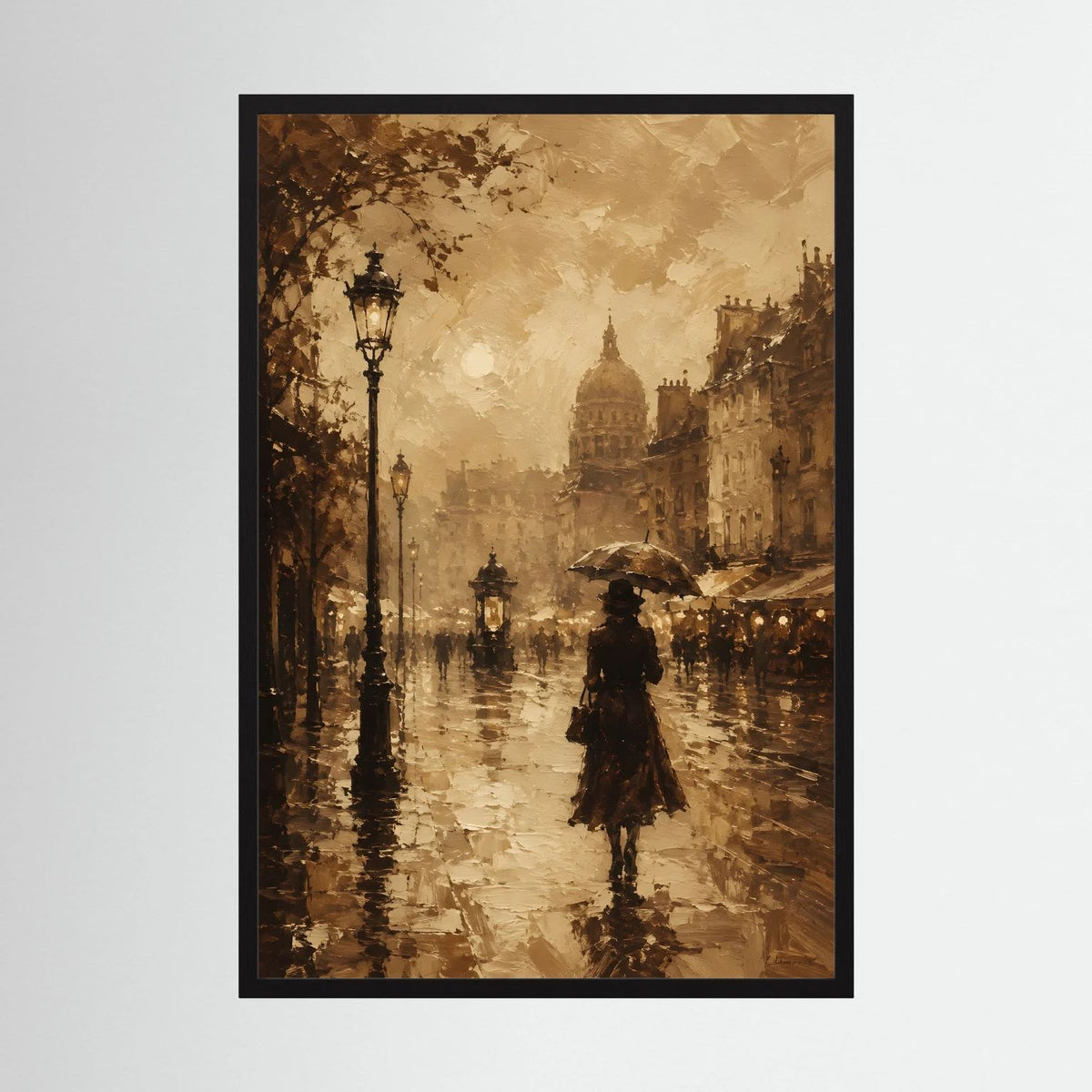 Hochformatiges Sepia-Stadtposter mit Laternen und Frau mit Regenschirm, im schwarzen Rahmen
