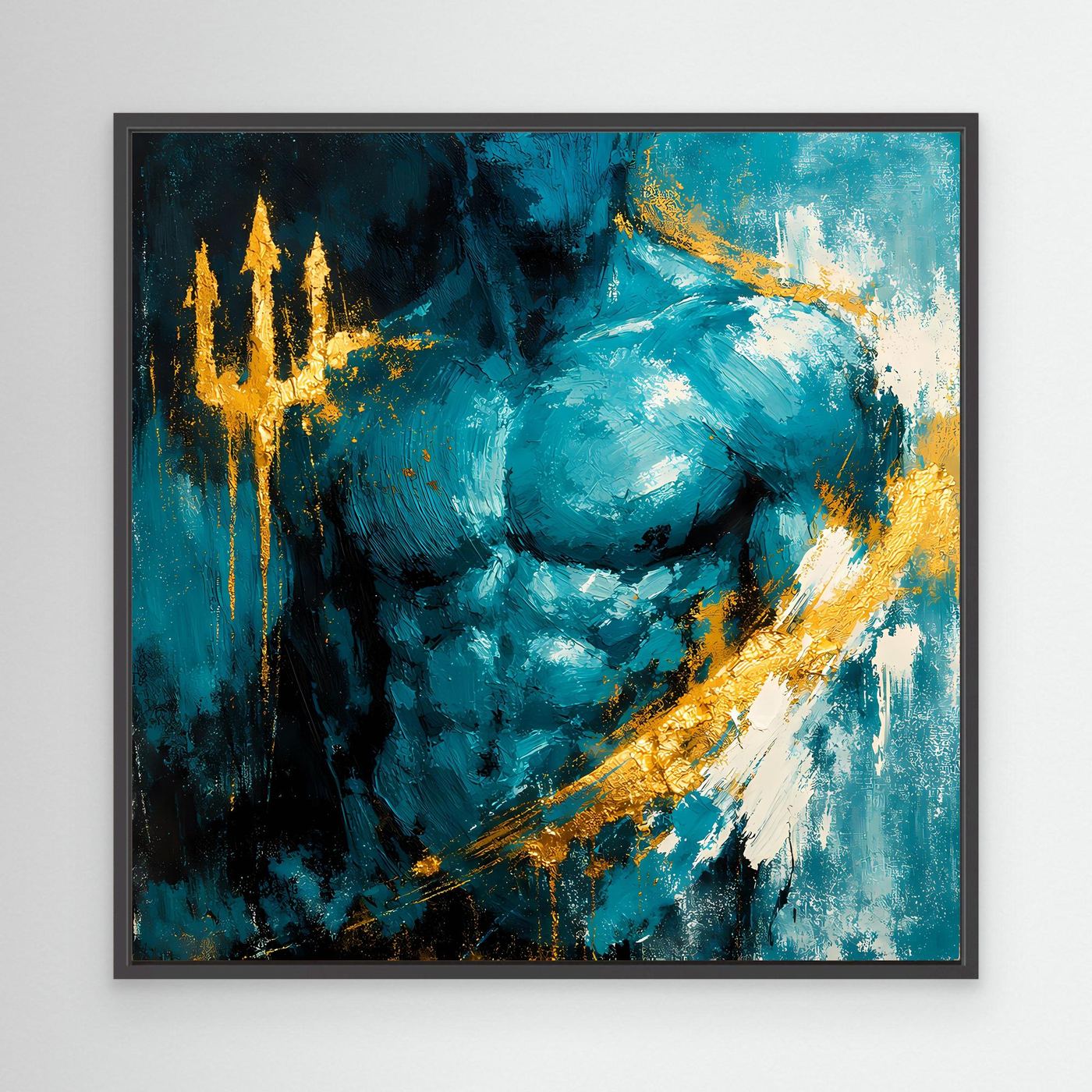 Leinwand Kraftvoller Poseidon in Türkis | Abstraktes Meeresgott Wandbild Gold