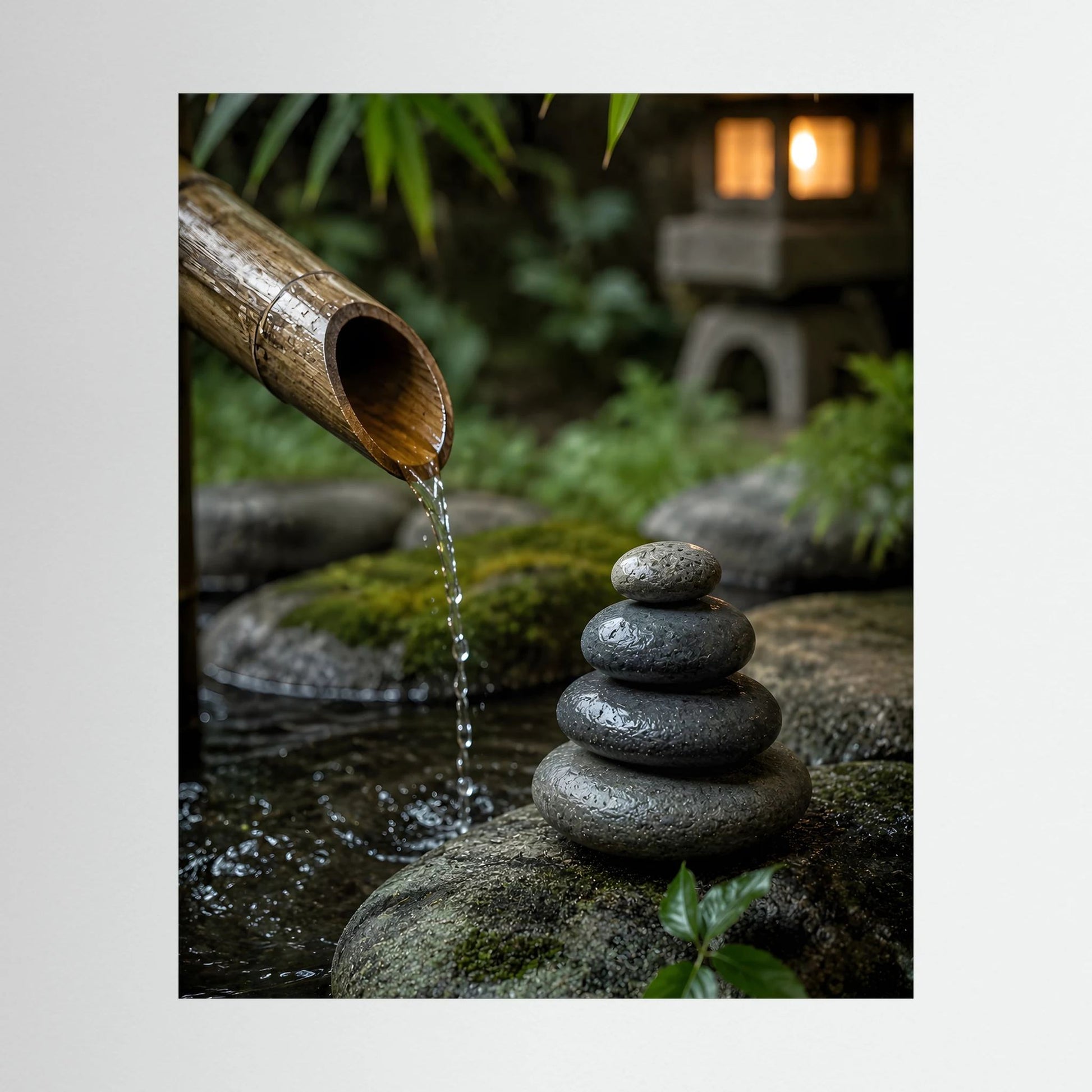 Zen-Garten-Poster mit Bambusrohr, fließendem Wasser und Steinstapel in schwarzem Rahmen