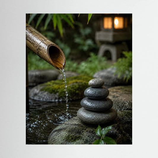 Zen-Garten-Poster mit Bambusrohr, fließendem Wasser und Steinstapel in schwarzem Rahmen