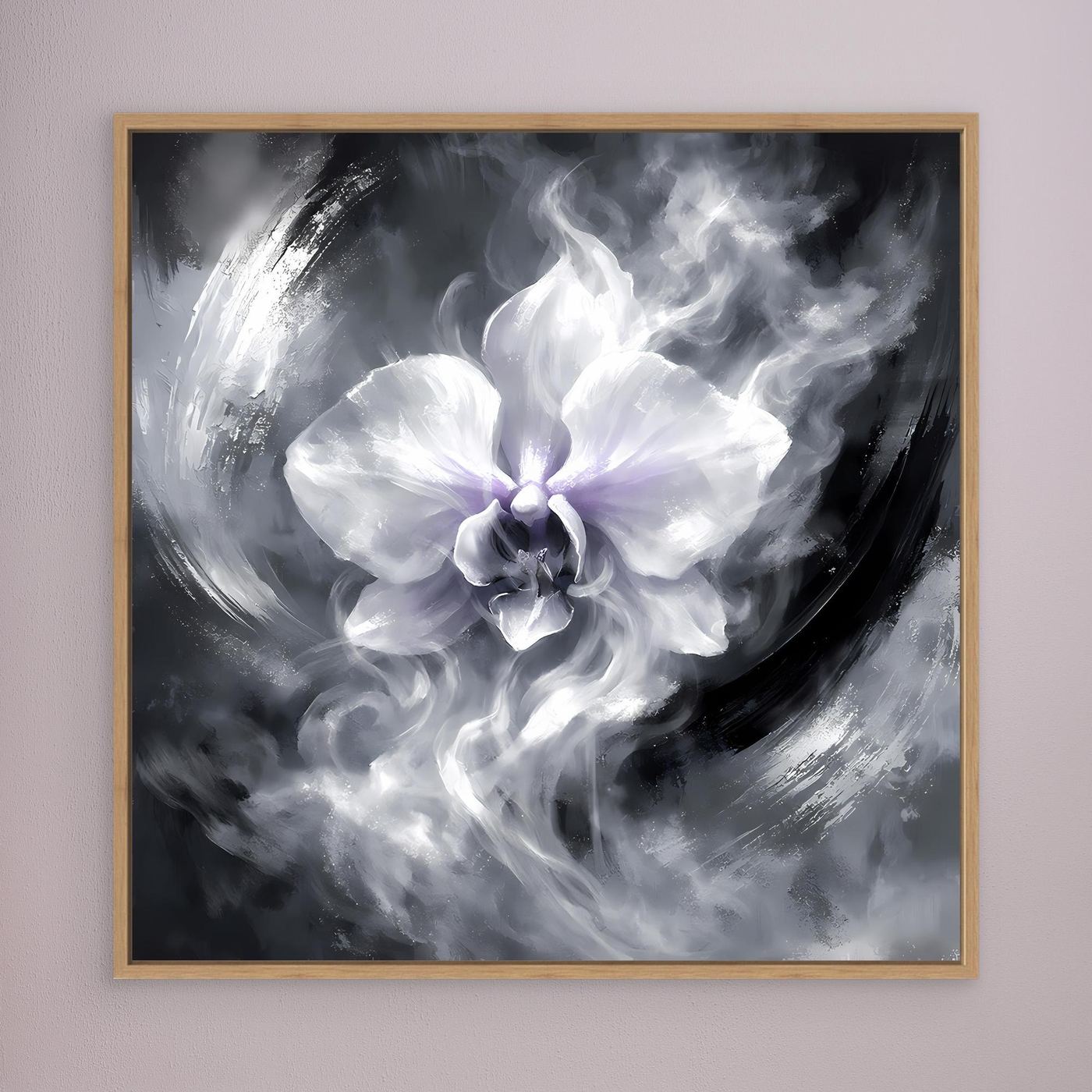 Leinwandbild mit abstrakter Orchidee in Schwarzweiß, beiger Holzrahmen