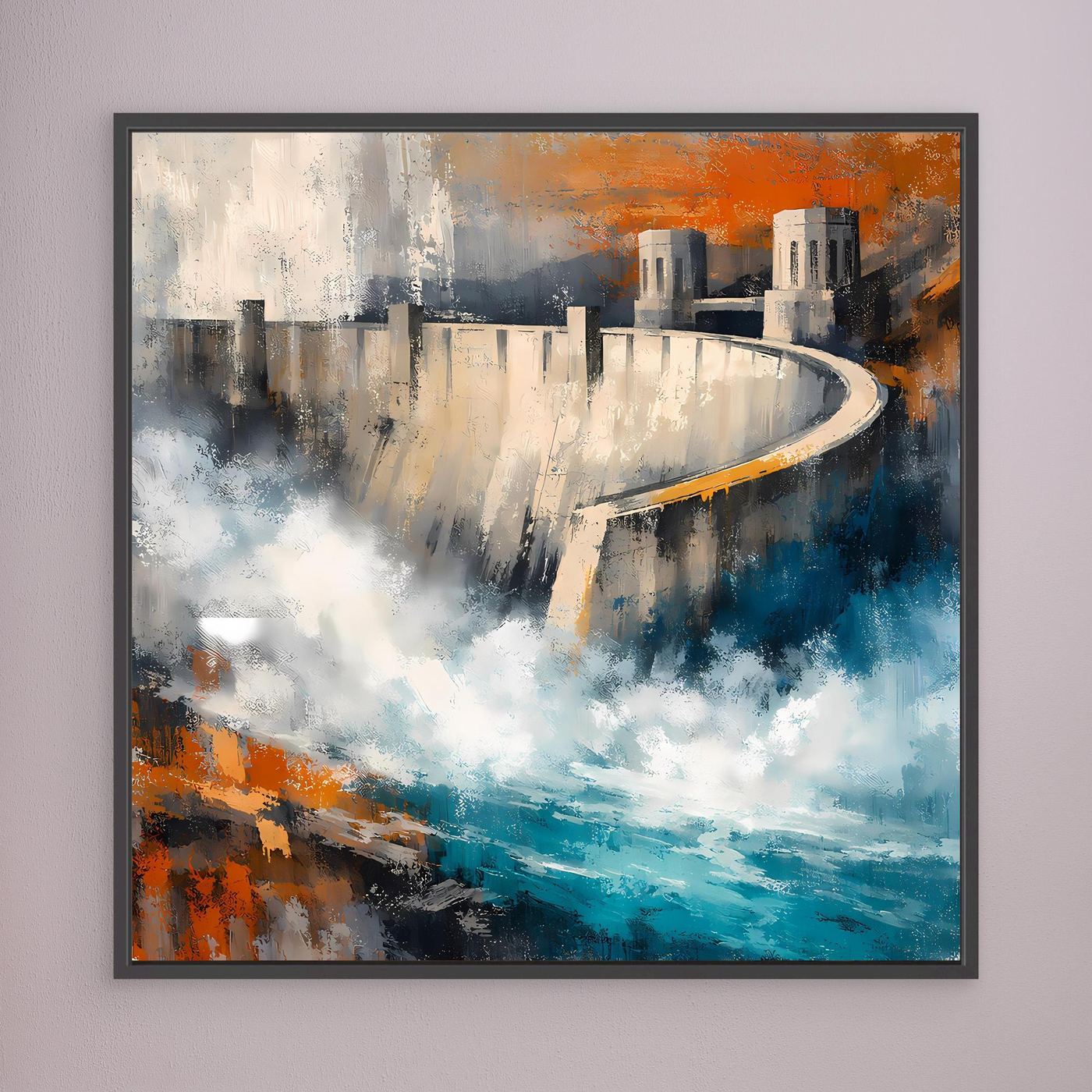 Abstraktes Leinwand-Wandbild mit schwarzem Rahmen, Talsperre mit blauem Wasserverlauf