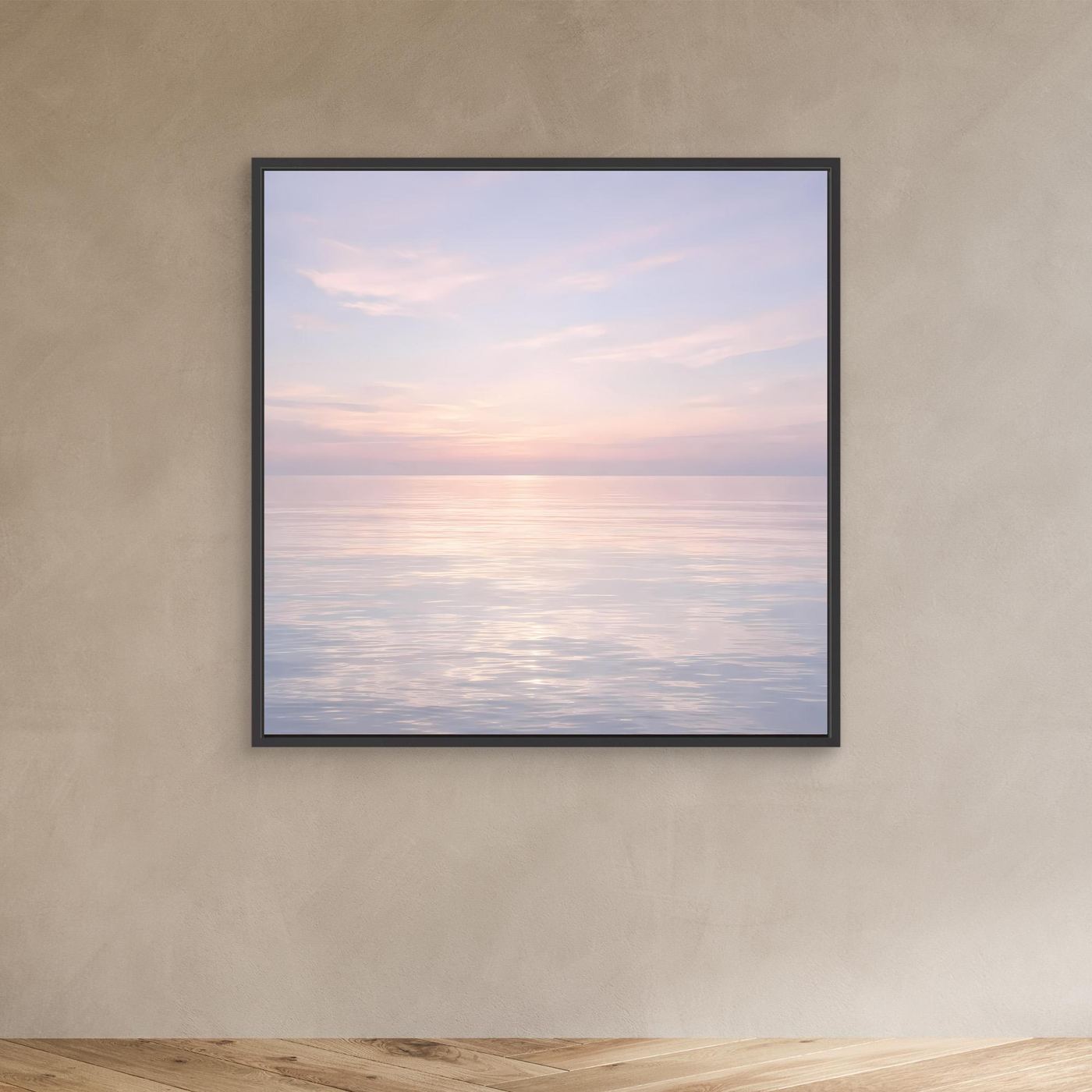 Quadratisches Leinwandbild Meer bei Sonnenuntergang, schwarzer Rahmen, Pastellfarben