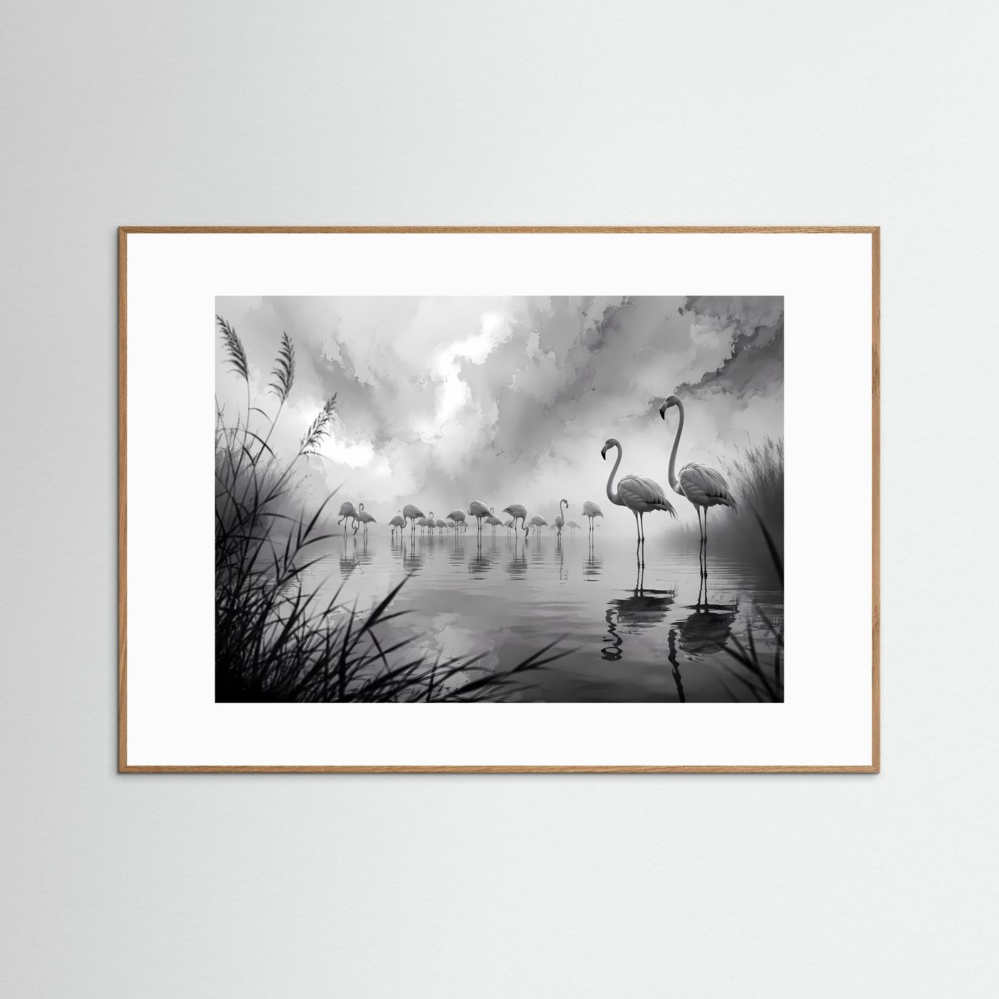 Flamingos im Nebel Schwarz-Weiß | Elegante Natur Wandkunst