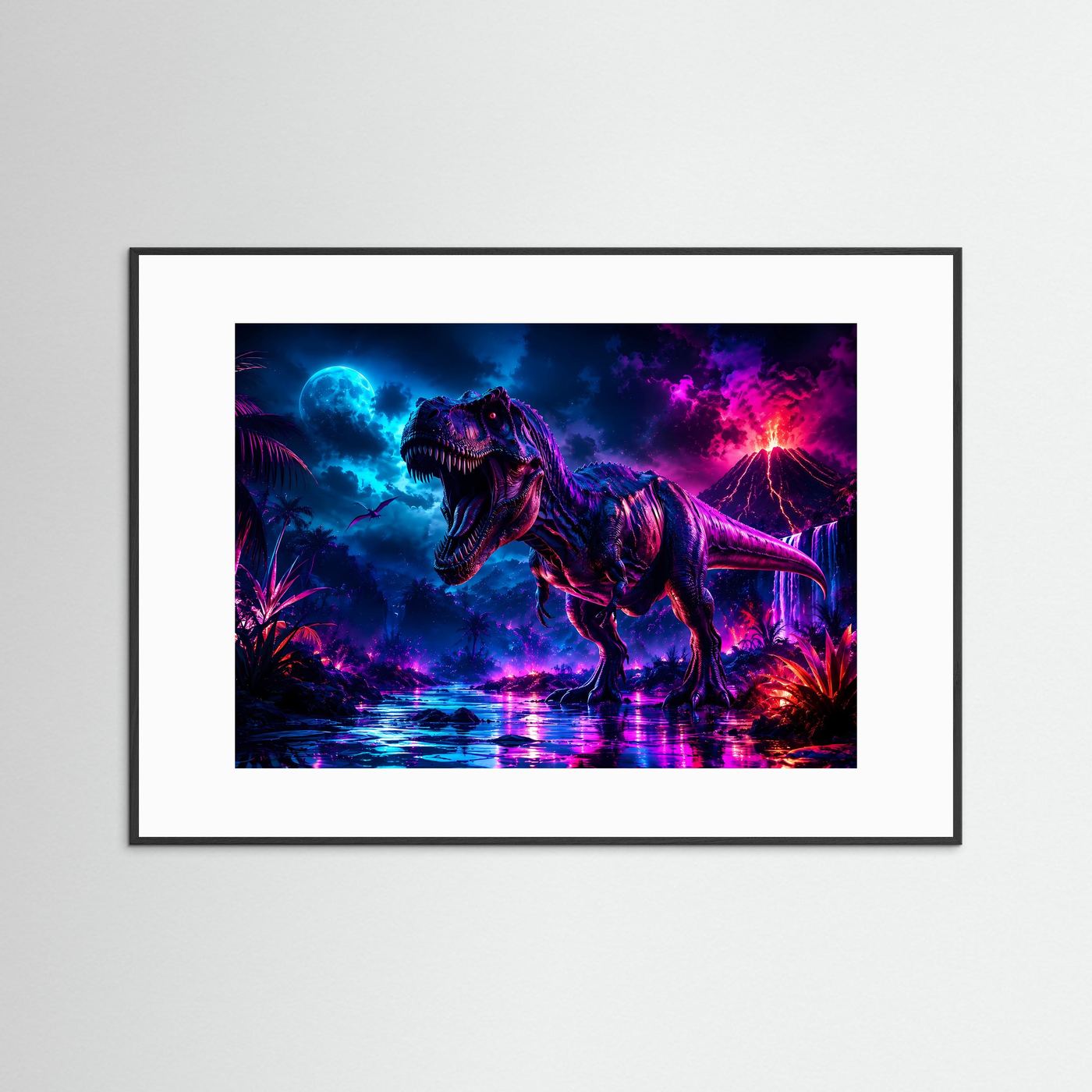 T-Rex Neon Nacht | Dinosaurier mit Vulkan & Mond