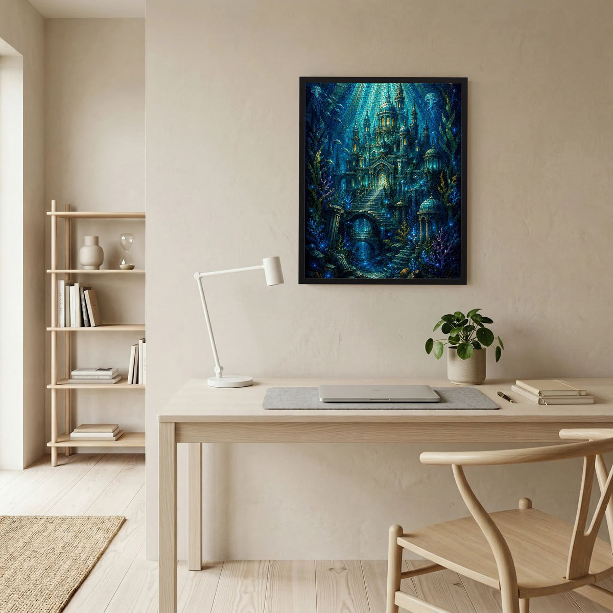 Gerahmtes Hochformat-Poster mit blauem Fantasie-Schloss der Unterwasserstadt