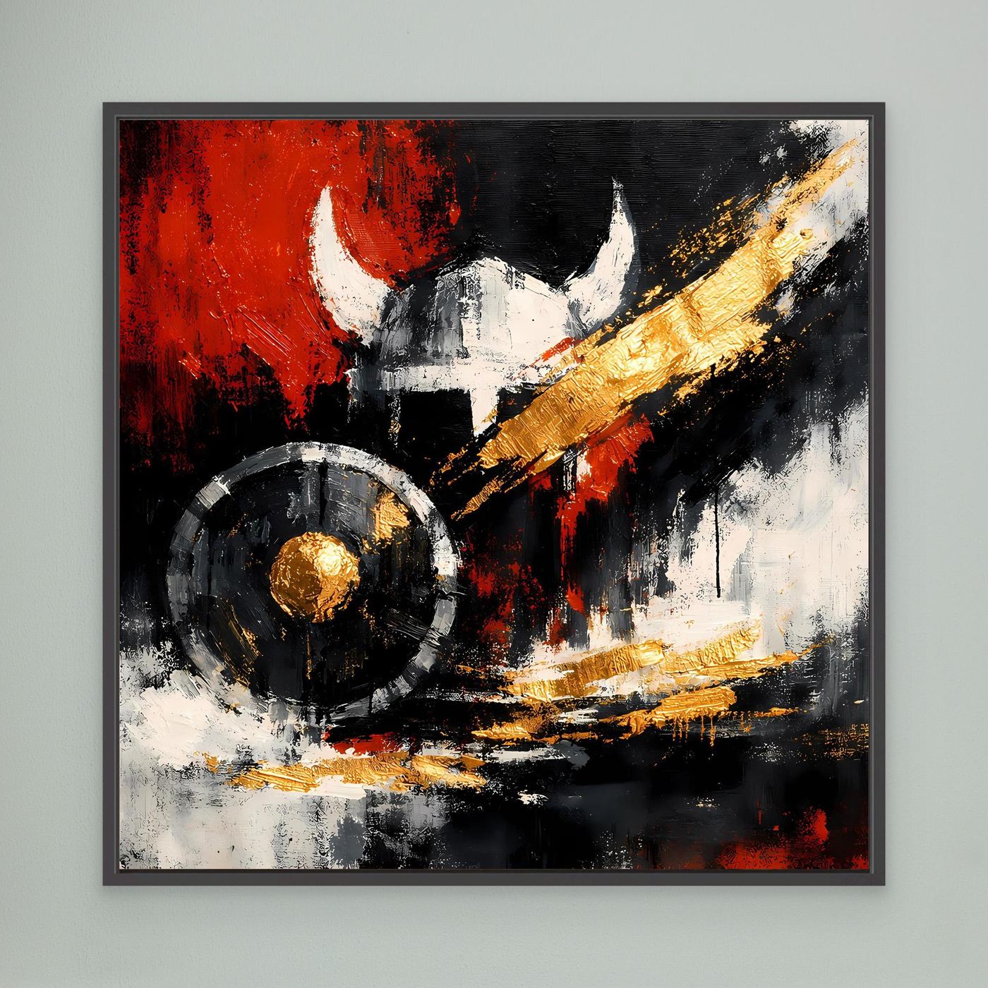 Leinwand-Wandbild mit abstraktem Wikingerschild und Helm, schwarz gerahmt