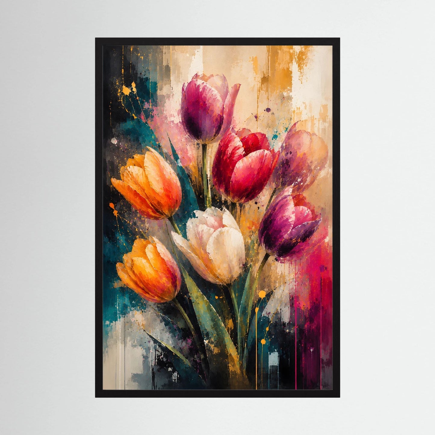Gerahmtes Kunstposter mit abstrakten Tulpen in Pink, Orange und Violett, schwarzer Rahmen