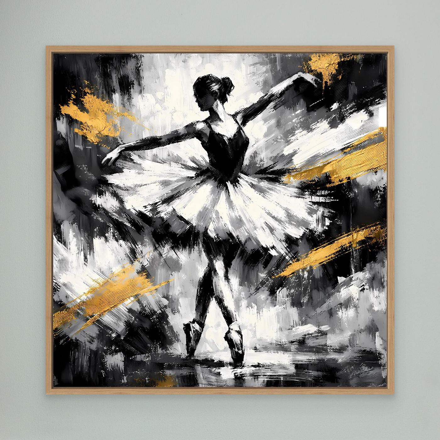 Abstraktes Leinwandbild mit Ballerina in Schwarz-Weiß mit goldenen Pinselstrichen, Eichenrahmen