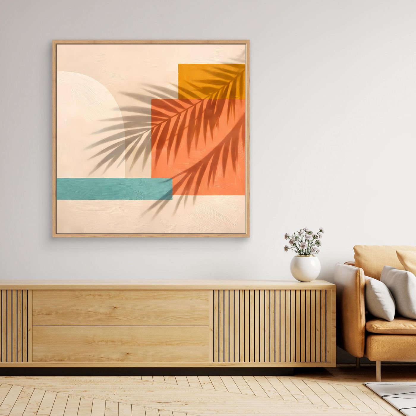 Leinwand Abstrakte Geometrie mit Palmenschatten | Modernes Boho Wandbild Terracotta