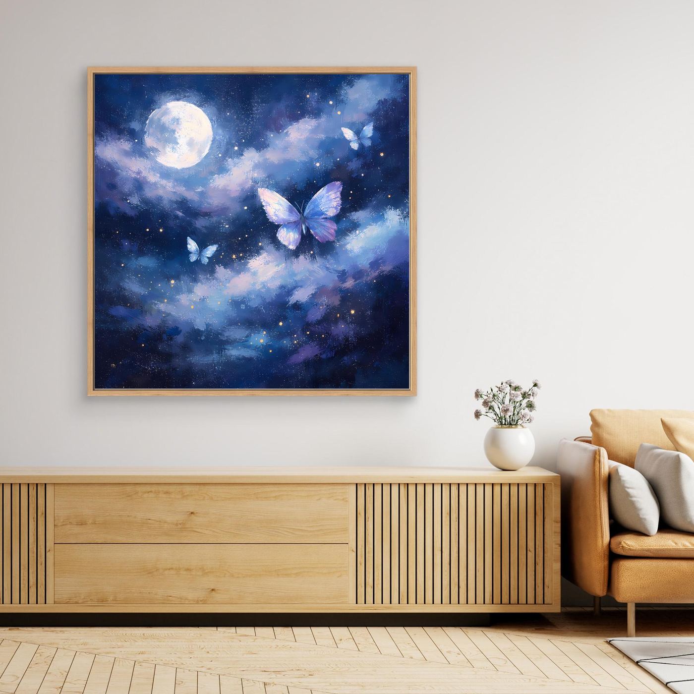 Blaues Leinwand-Wandbild mit Vollmond, Wolken und großen blauen Schmetterlingen