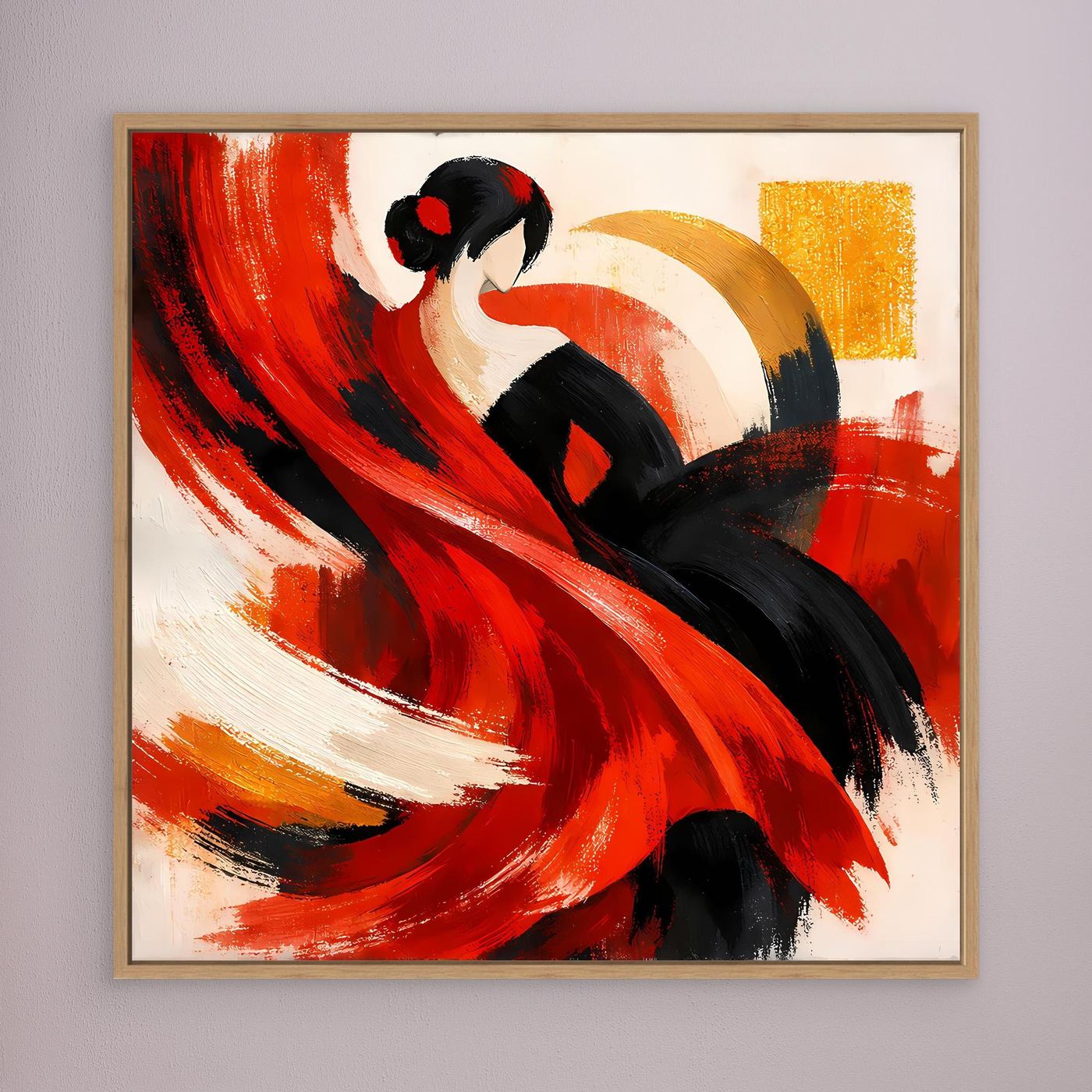 Leinwandbild mit abstrakter Flamenco-Tänzerin in Rot, Schwarz und Gold mit Holzrahmen