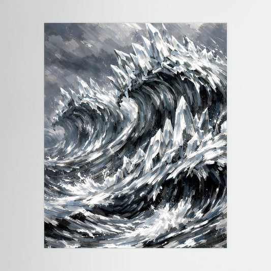 Hochformat-Poster mit abstrakten Wellen im Schwarzweiß, scharfe Pinselstriche