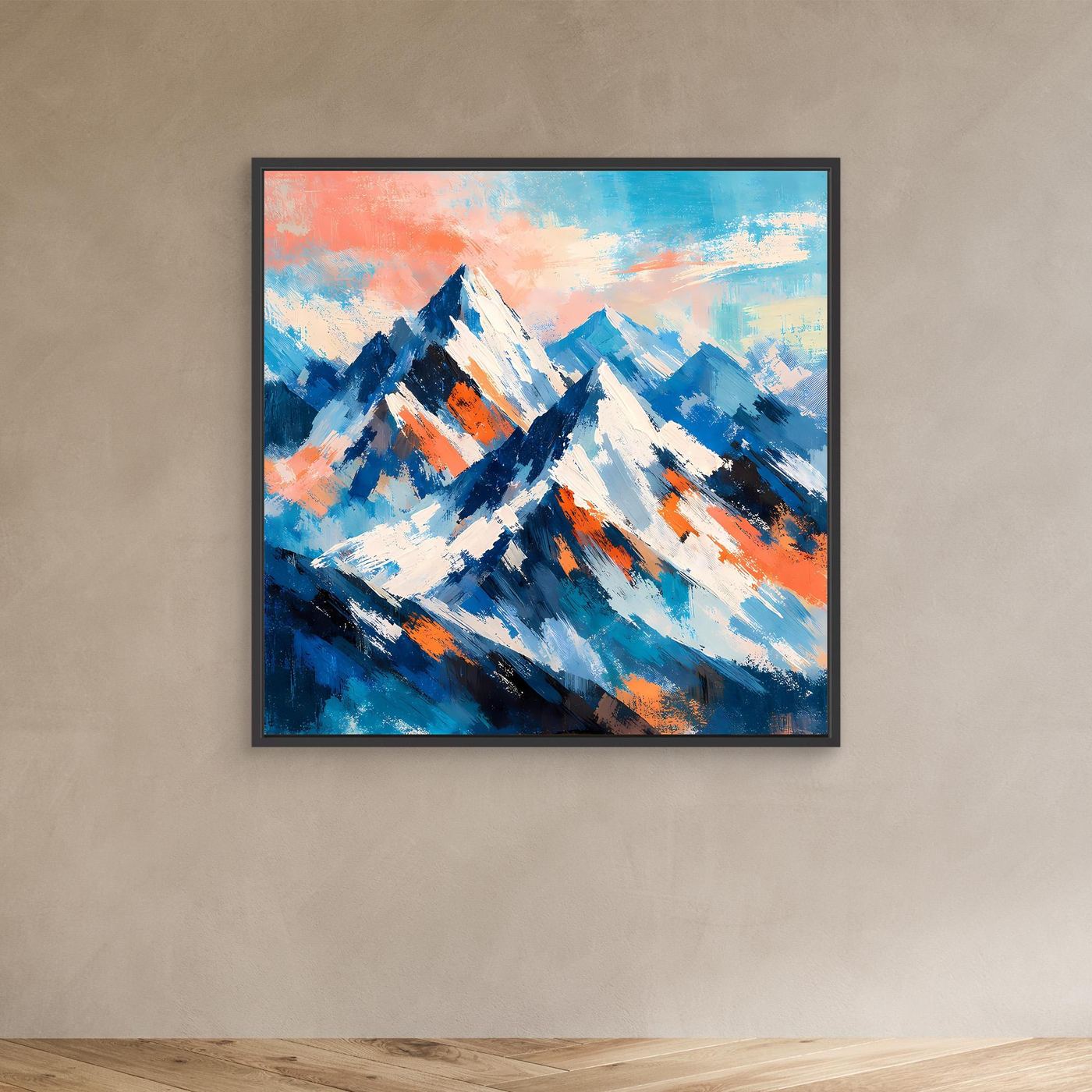 Abstraktes Leinwandbild Schneeberge, schwarzer Rahmen