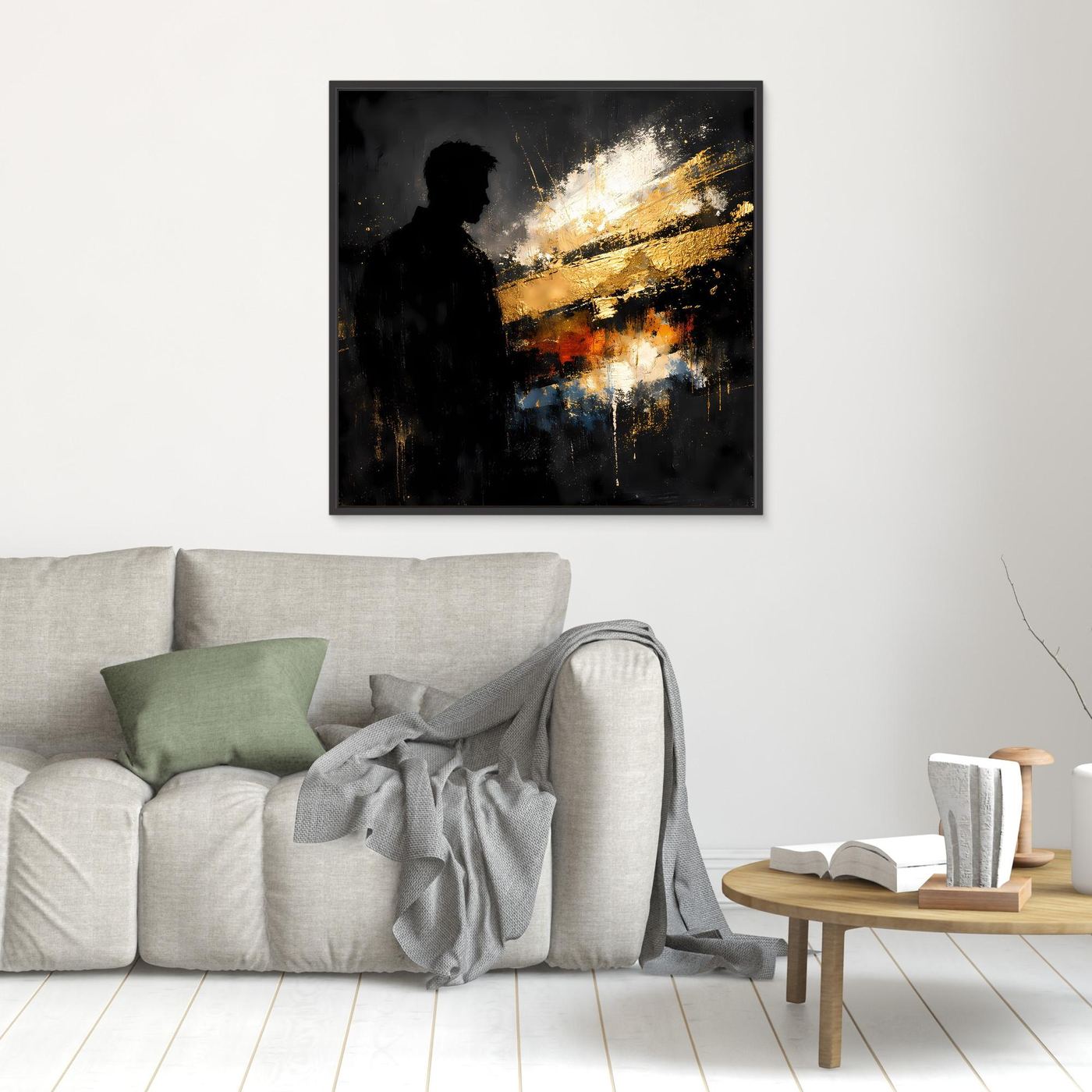 Leinwand Markante Silhouette in Gold und Schwarz | Modernes Abstraktes Männer Portrait Wandbild