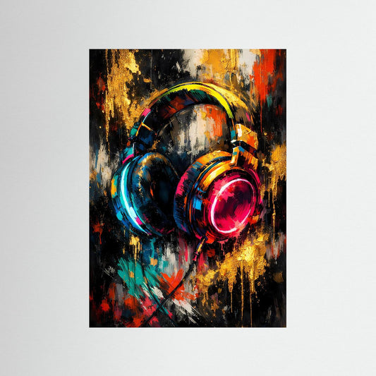 Musik-Poster mit abstrakten Kopfhörern in Blau, Rot und Gold, Hochformat