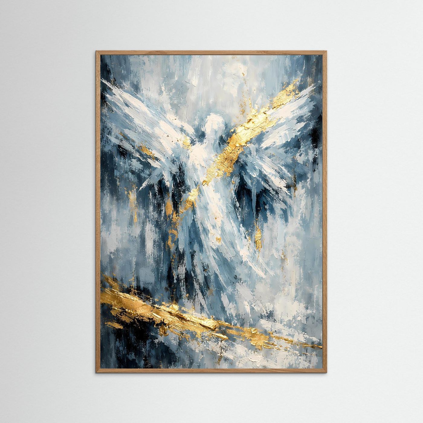 Abstraktes Engelposter mit hellbraunem Holzrahmen: blau-weiße Flügel, goldene Strahlen