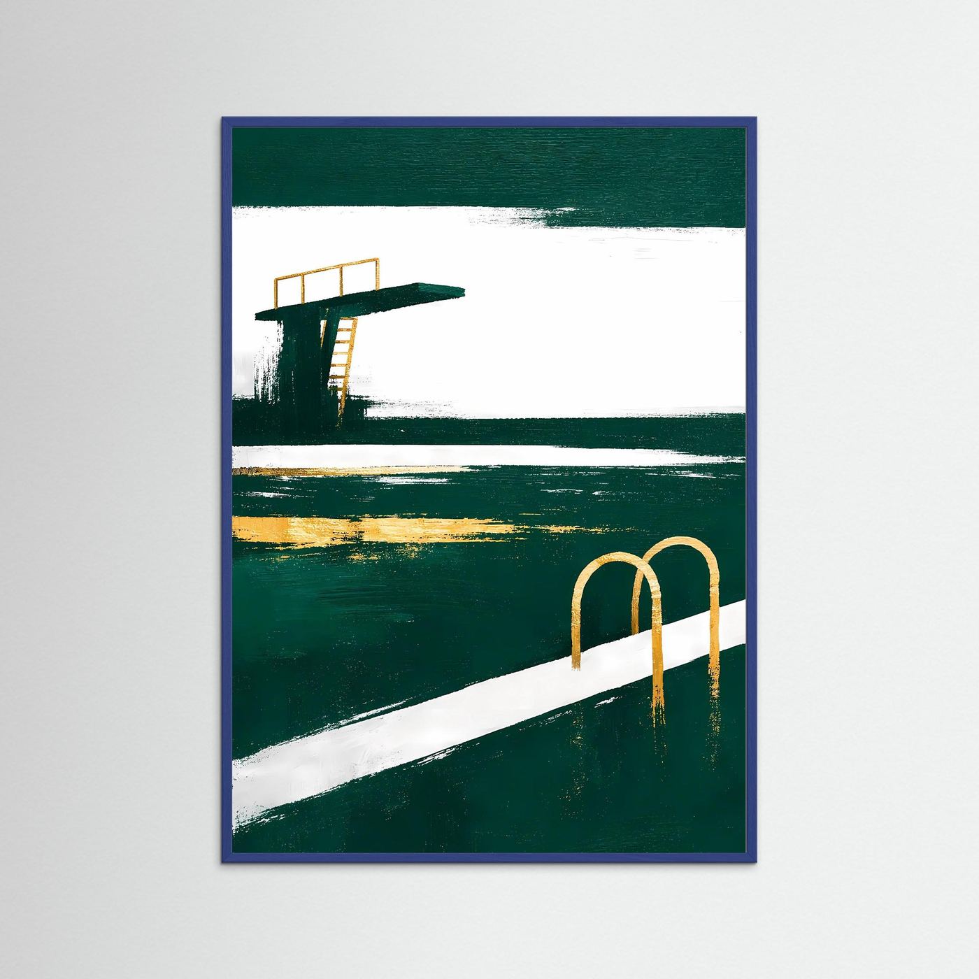 Poster im Hochformat mit blauem Holzrahmen: Smaragdgrünes Poolbild, weißes Band, goldene Leiter