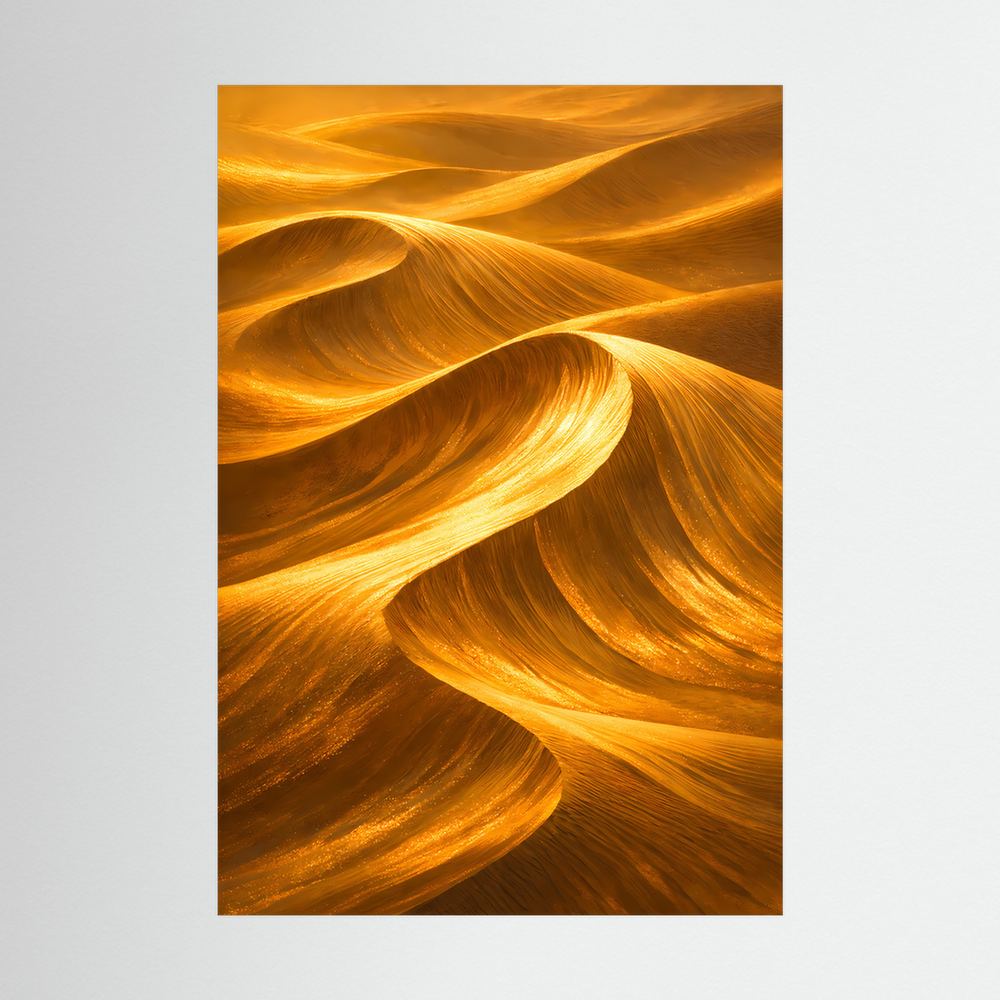 Poster mit goldener Sanddünen-Optik und abstrakten, geschwungenen Linien im Hochformat