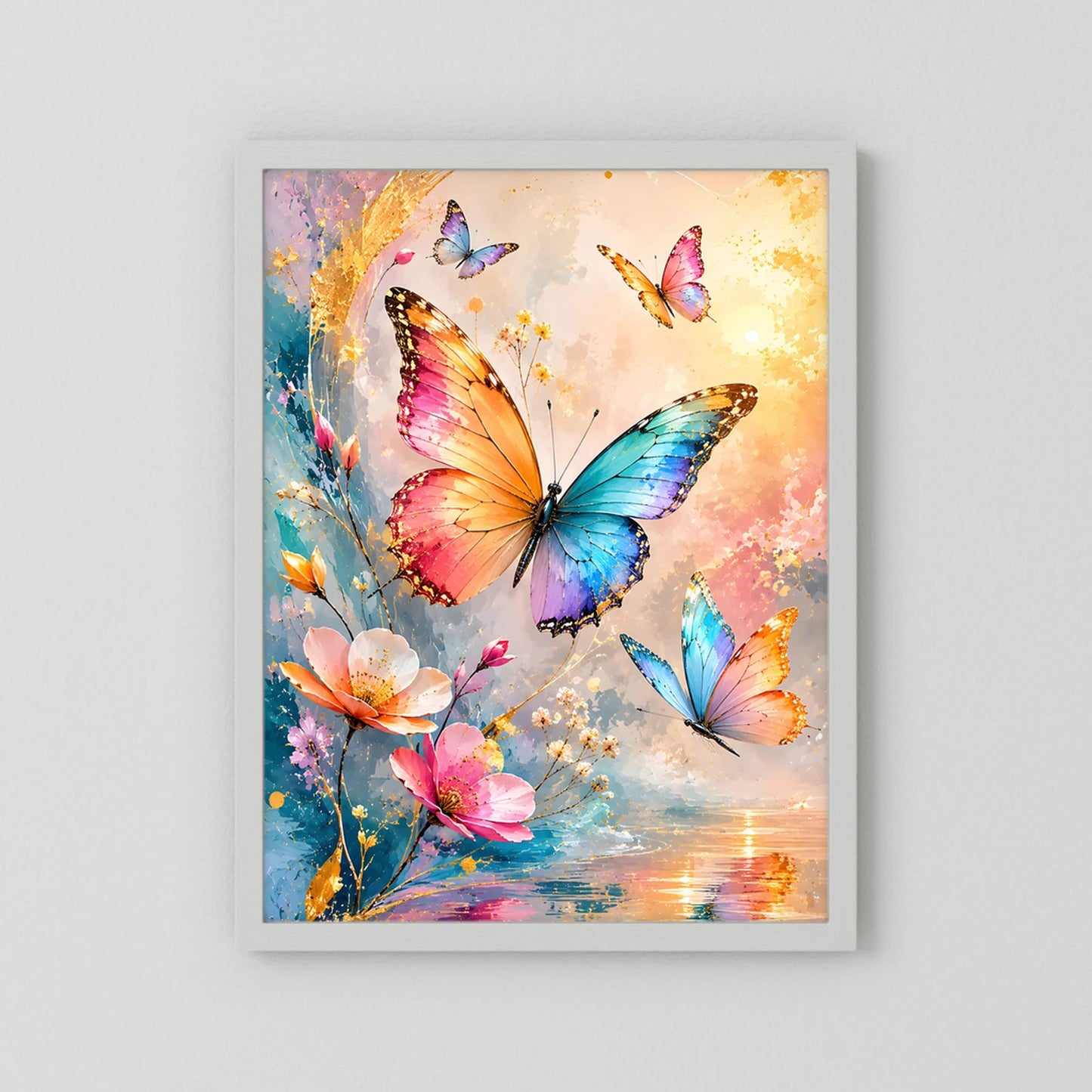 Schmetterlingsposter mit bunten Schmetterlingen und Blüten, weiß hinterlegt