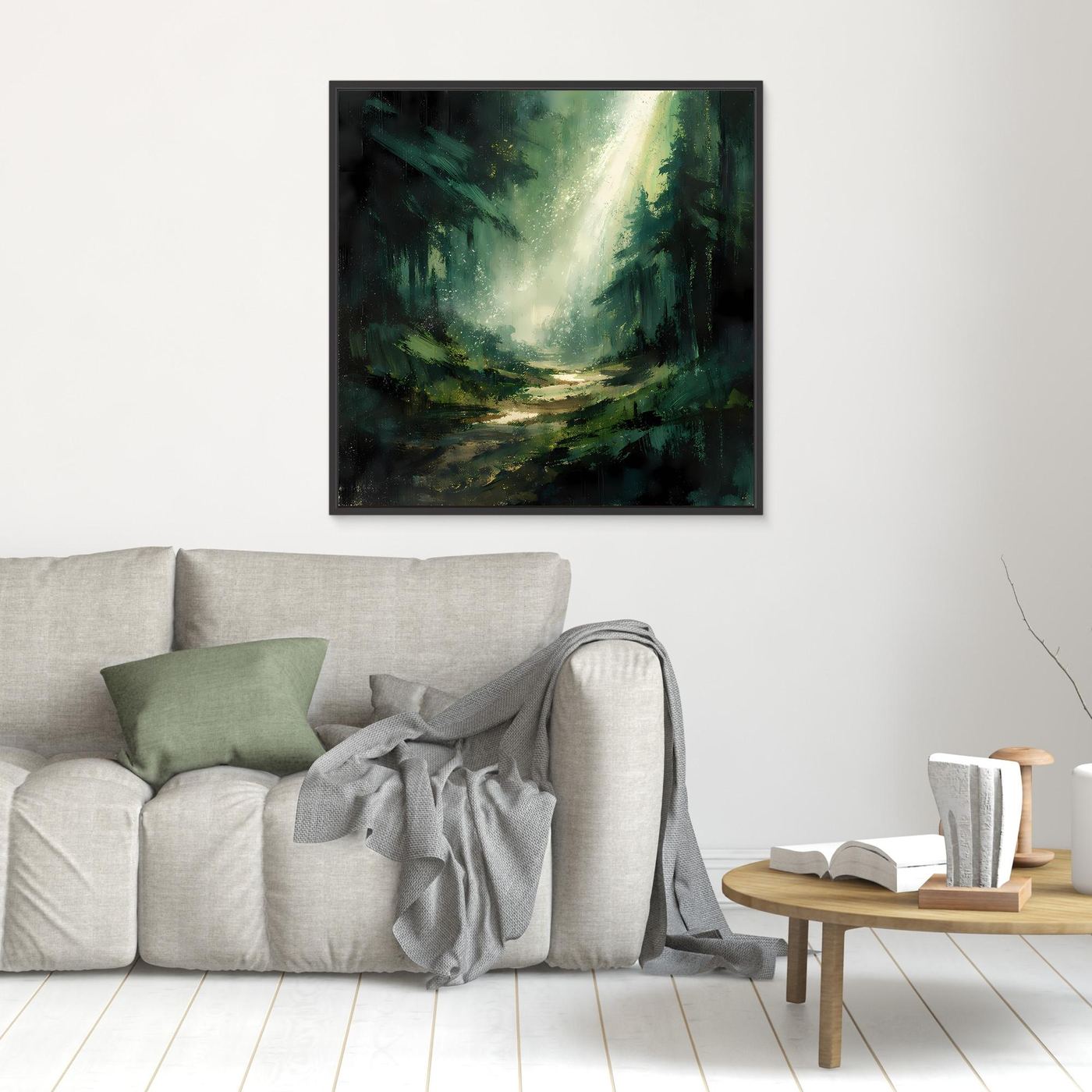 Leinwand Magischer Lichtstrahl im Wald | Abstraktes Tannenwald Wandbild Grün