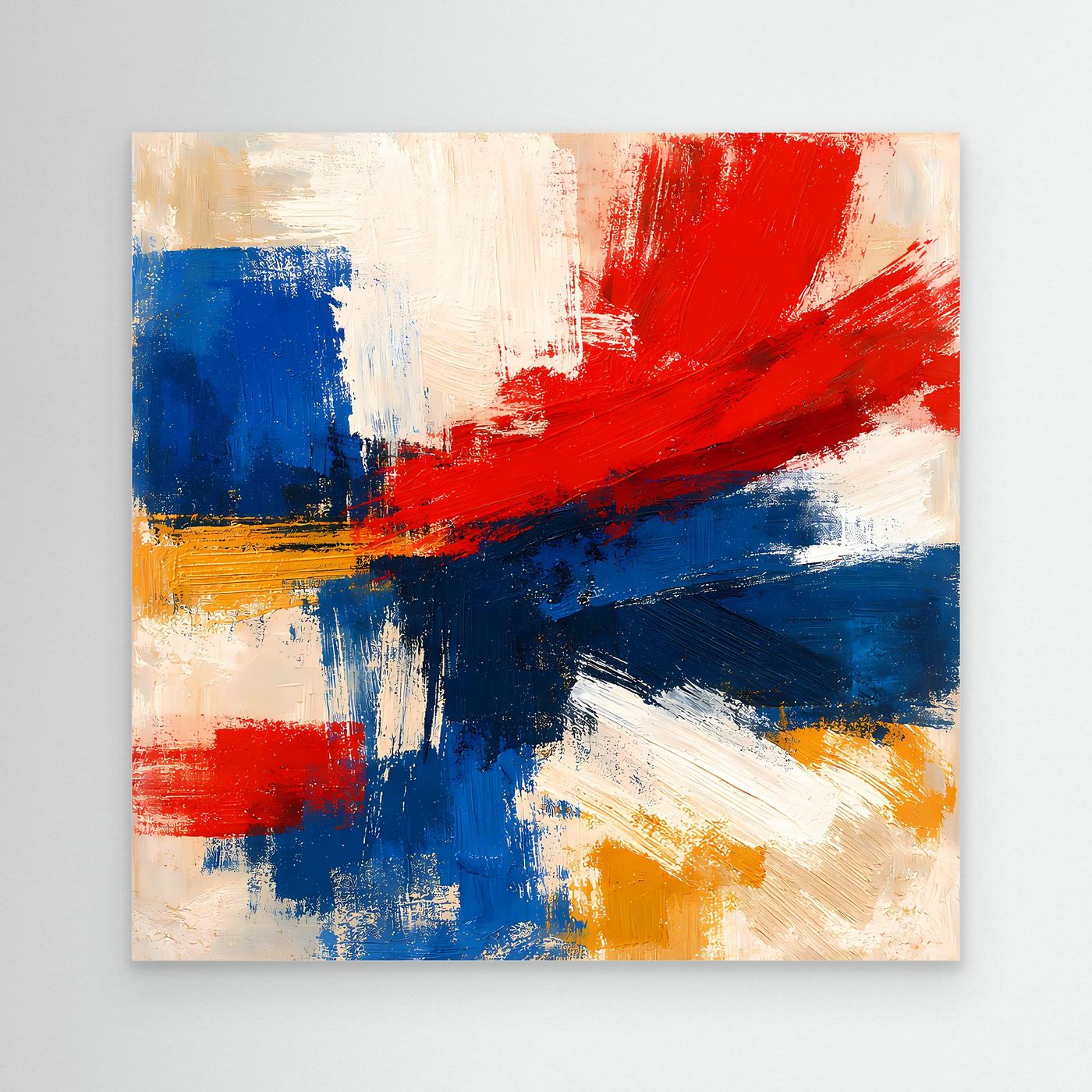 Abstract canvas wall art with bold red, blue, and yellow paint strokes on off-white